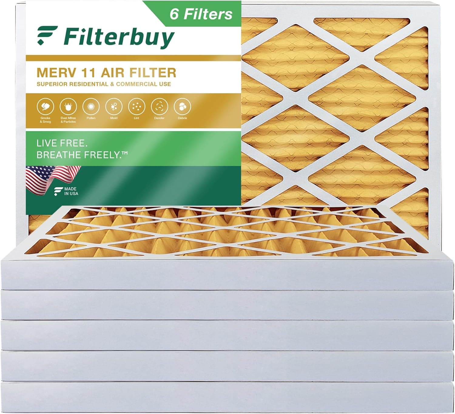 Filterbuy 16x25x2 Air Filter MERV 11 Allergen Defense (6-Pack), Pleated HVAC AC Furnace Air Filters Replacement (Actual Size: 15.50 x 24.50 x 1.75 Inches)