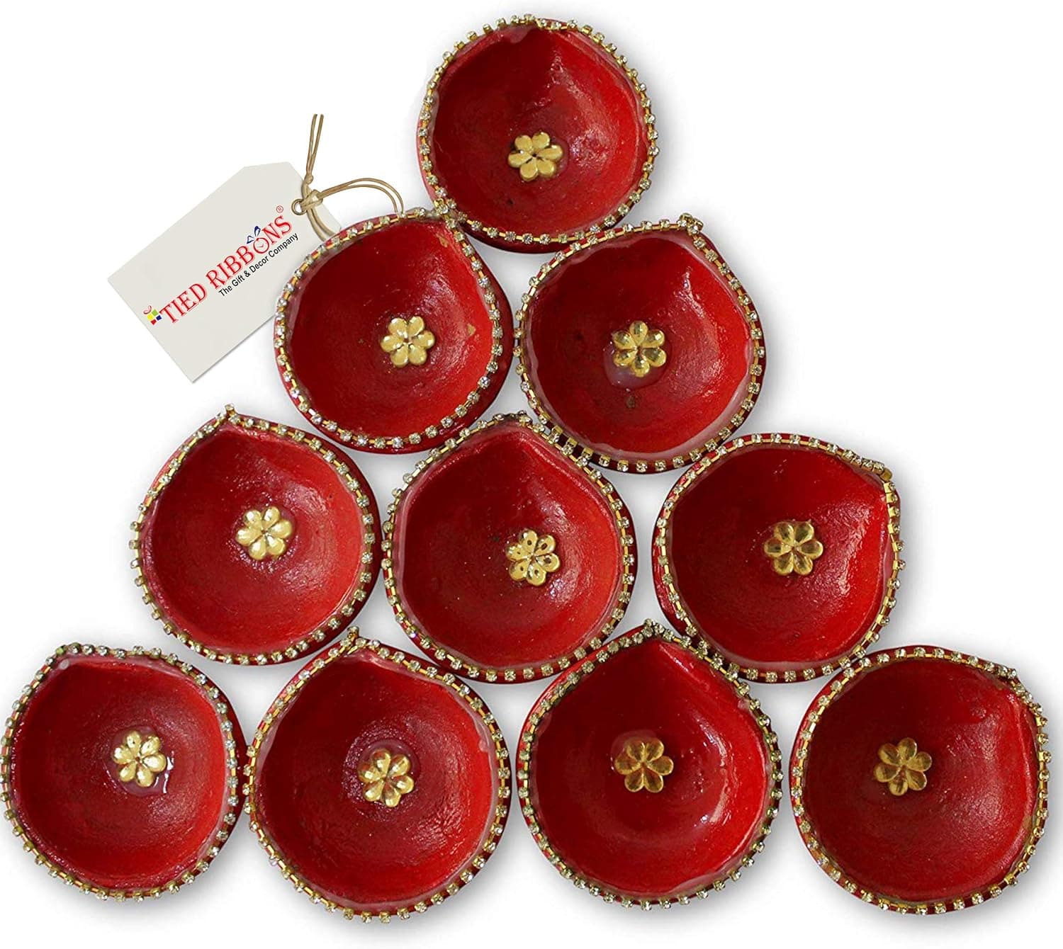 TiedRibbons Decorative Diya Set of 10(Red, Clay) -Outdoor Lights and Decoration - Handmade Earthen Diyas for Lighting Decoration