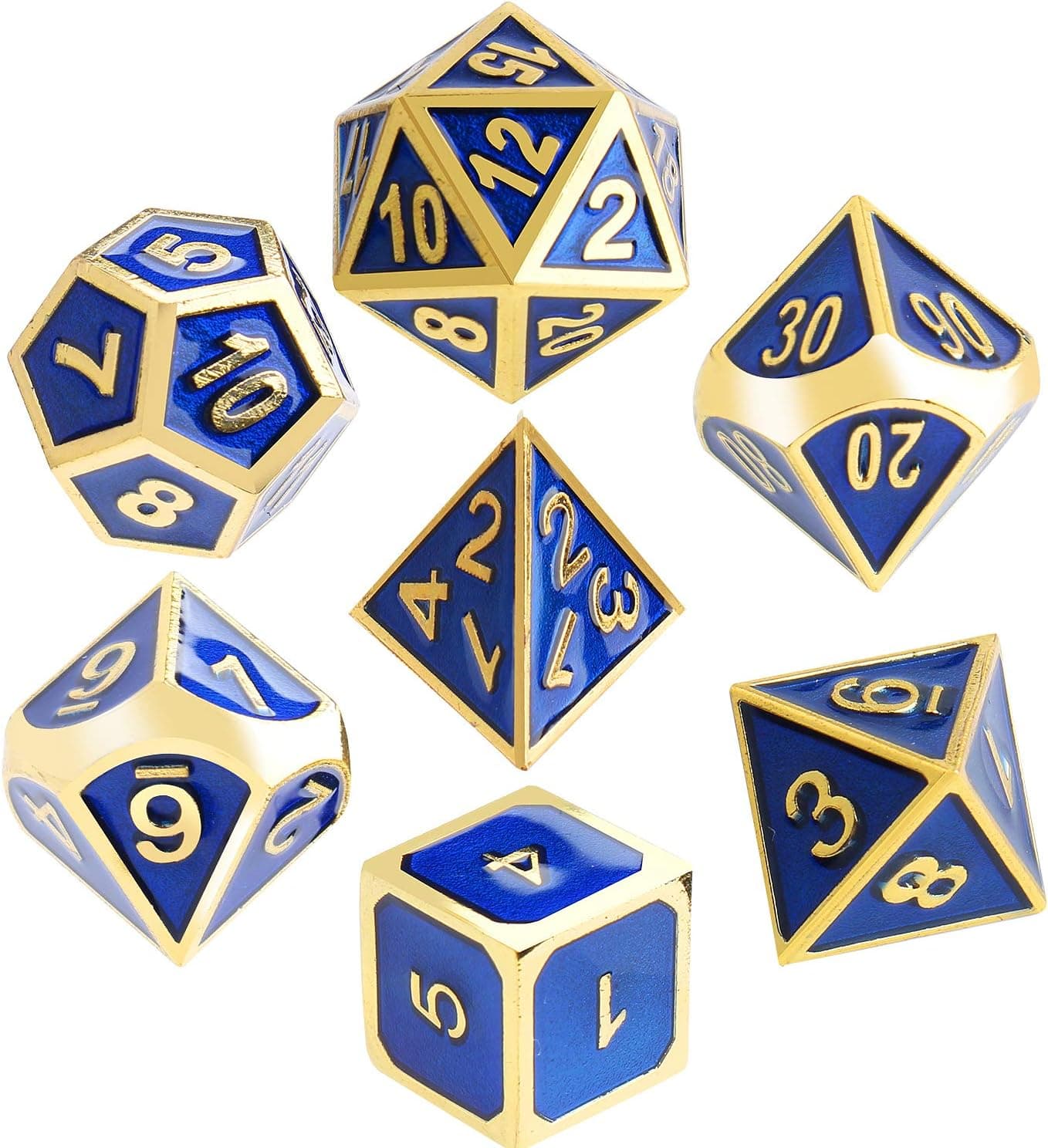 Outee 7 Pcs Metal Dice Set Zinc Alloy Polyhedral Dice Blue with Gold Number D4 D6 D8 D10 D12 D20 for Dungeons and Dragons DND RPG MTG Table Games with Metal Case