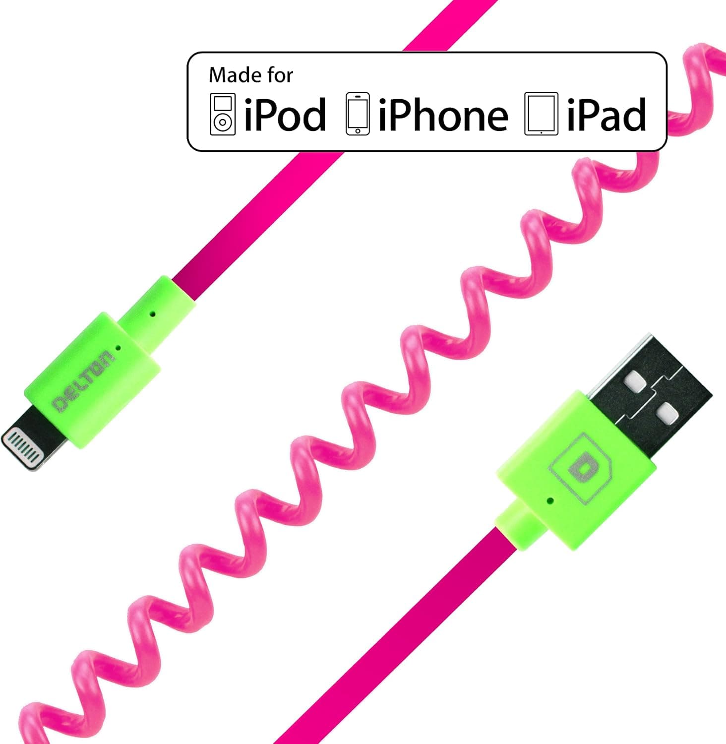 Delton Apple Certified Lightning to USB Sync and Charge Coiled Cable for iPhone 6,6s,6 Plus, 5/5s 5Se iPad/iPod (4 Ft Cable-Pink) Retail Packaging