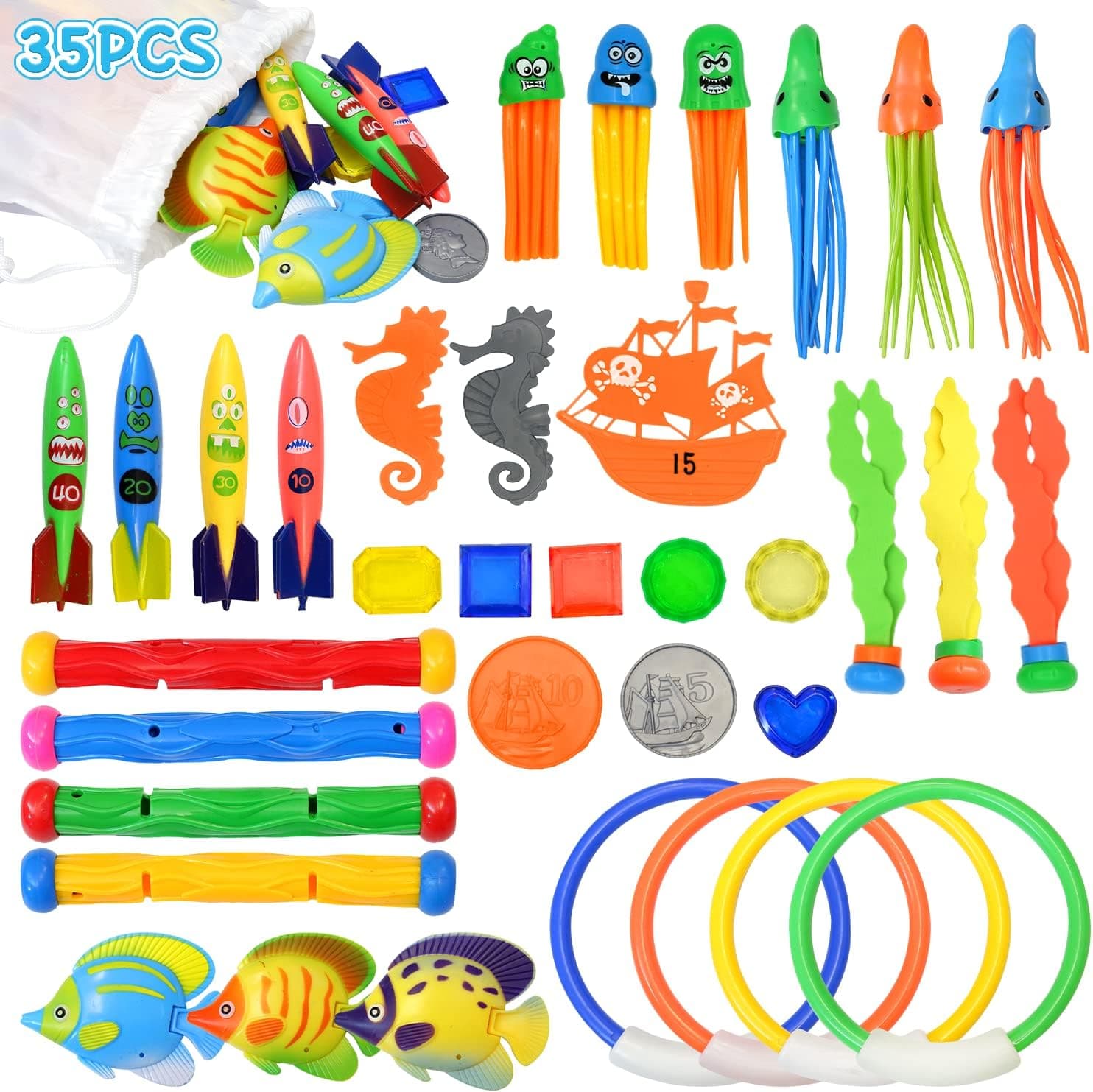 Pool Toys for Kids Ages 8-12, 35 Pcs Diving Pool Toys Set with Storage Bag Includes Diving Rings, Diving Sticks, Octopuses, Fishes &Pirate Treasures Ect, Underwater Sinking Swimming Pool Toy for Kids