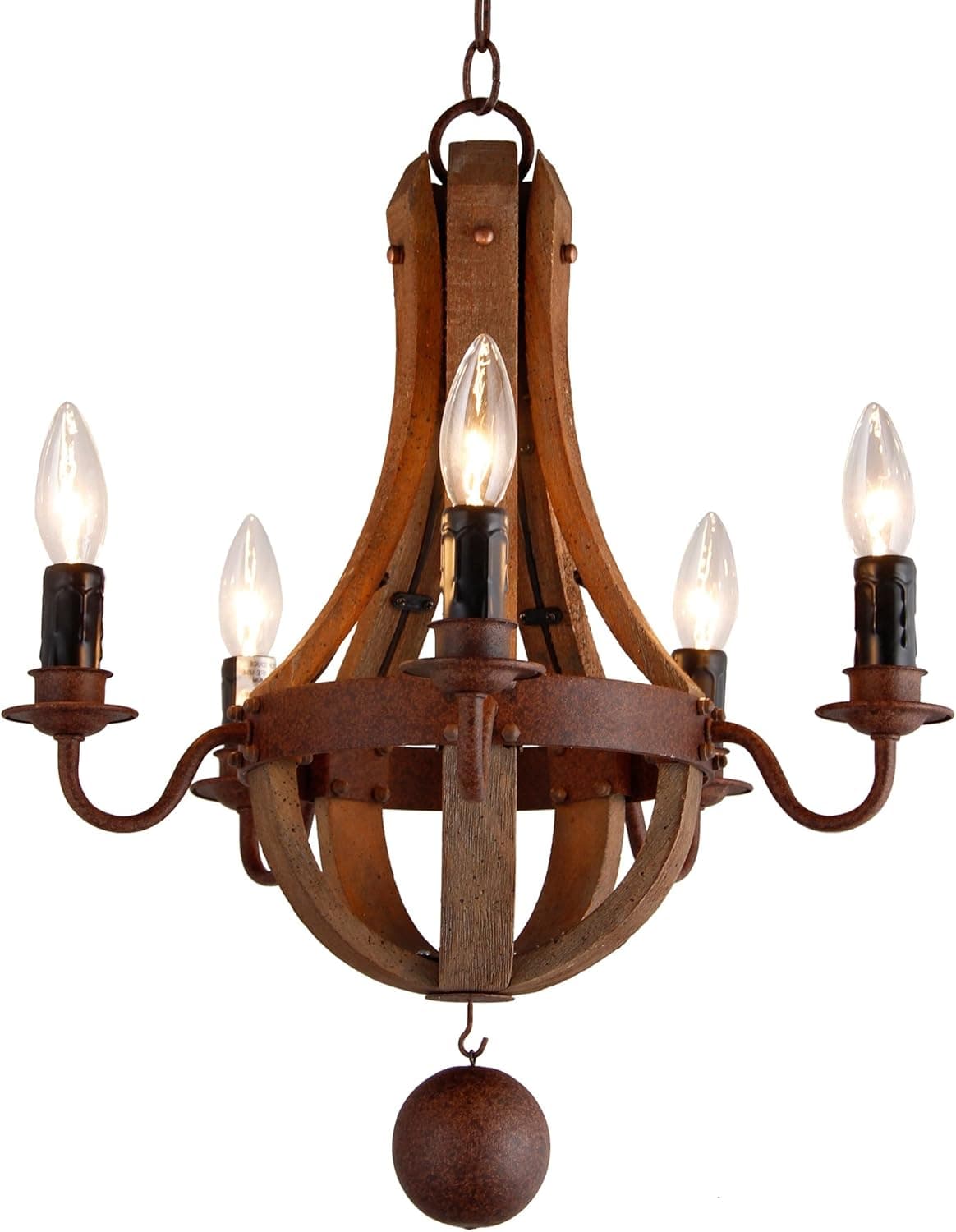16.7" Vintage Rustic Mini Chandelier Pendant Light French Country Wood Metal Wine Barrel (5 Light Heads) Rustic Iron