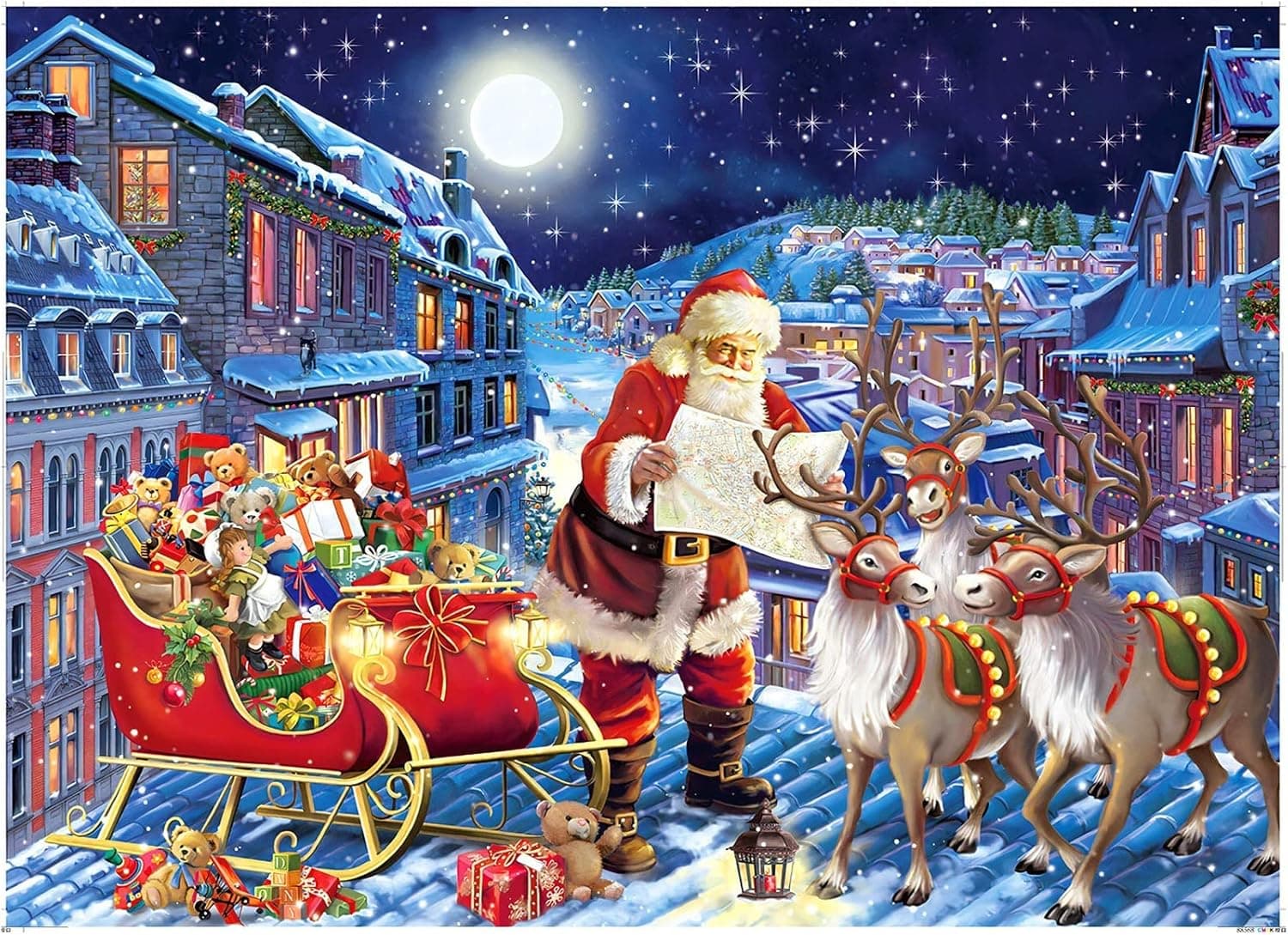 Christmas Jigsaw Puzzles 1000 Pieces for Adults and Teens, Santa Claus and Elk in Warm Christmas Night, Holiday Jigsaw Puzzle with Letter on Back Educational Gift for Men Women (27.56" x 19.69")
