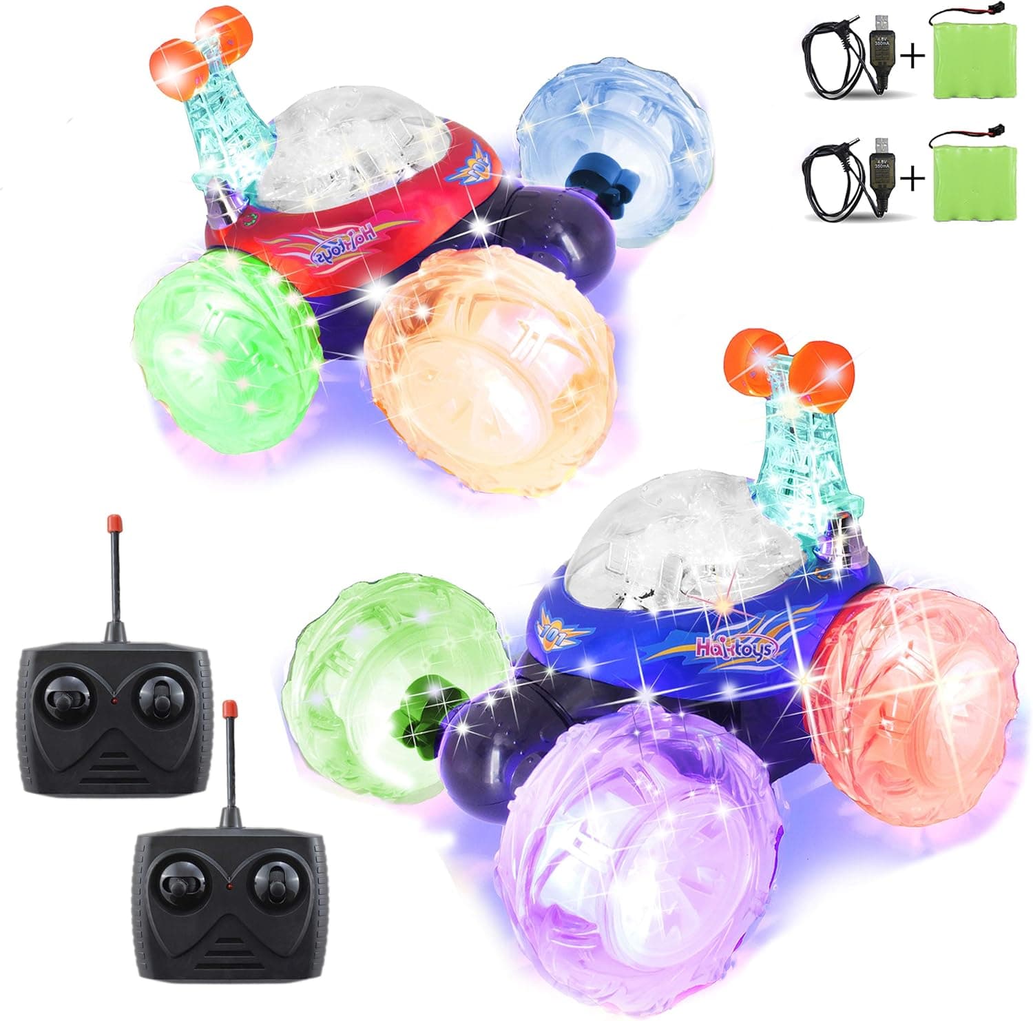 Haktoys HAK101 2-Pack Blue and Red Invincible Tornado RC Stunt Car, Radio Remote Control Rechargeable Vehicle with Flashing LED Lights & Music Switch, Safe & Durable, Gift for Kids, Boys & Girls