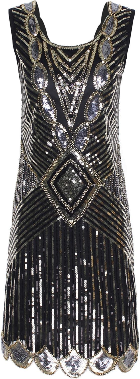 PrettyGuide Women's 1920's Gatsby Dress Sequin Crisscross Fringe Hem Flapper Dress