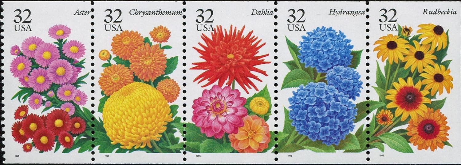 GARDEN FLOWERS ~ LATE SUMMER & AUTUMN FLOWERS ~ ASTER ~ CHRYSANTHEMUM ~ DAHLIA ~ HYDRANGEA ~ RUDBECKIA ~ POSTAGE STAMPS #2997 Booklet Pane of 5 x 32 US Postage Stamps