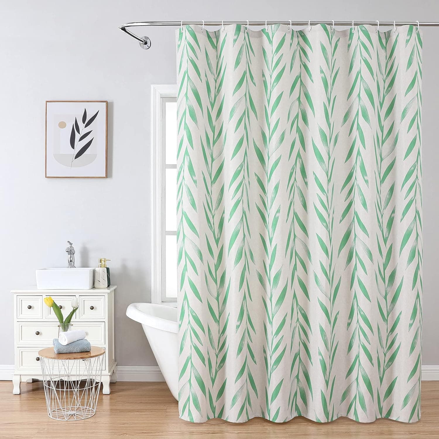 DOCHBODEN Green Leaf Floral Shower Curtain, Cotton Linen Fabric Shower Curtains for Neutral Minimalist Bathroom Decor, White and Green Modern Shower Curtain, 78 x 72