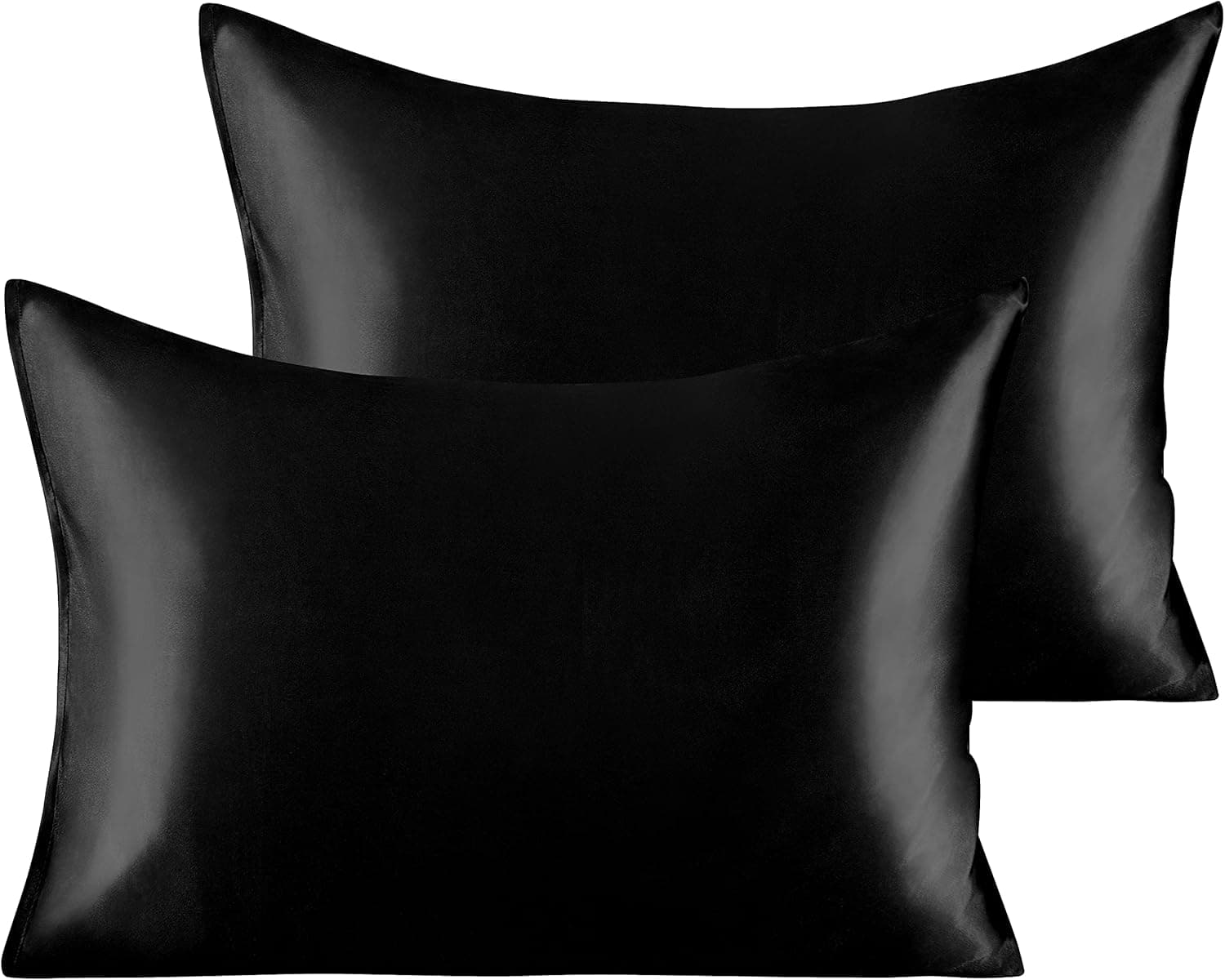 BeddingClearance 2 Pack Silk Satin Queen Pillowcases for Hair and Skin, Super Soft and Silky Cooling 20x30 Pillow Cases with Envelope Closure, Black