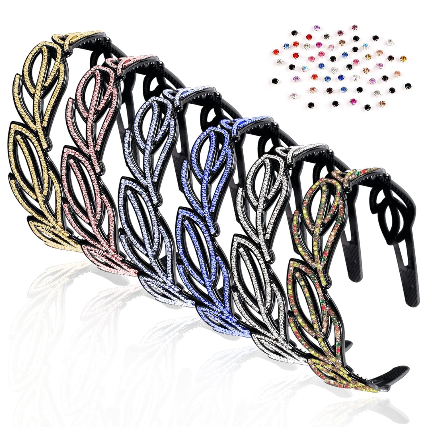 6 Pieces Rhinestone Headband with Fine Teeth Comb for Women Girls 3cm Wide, Leaf Shape Crystal Hairband Non-slip Hard Plastic Hair Hoop Lady Hair Decoration Accessories