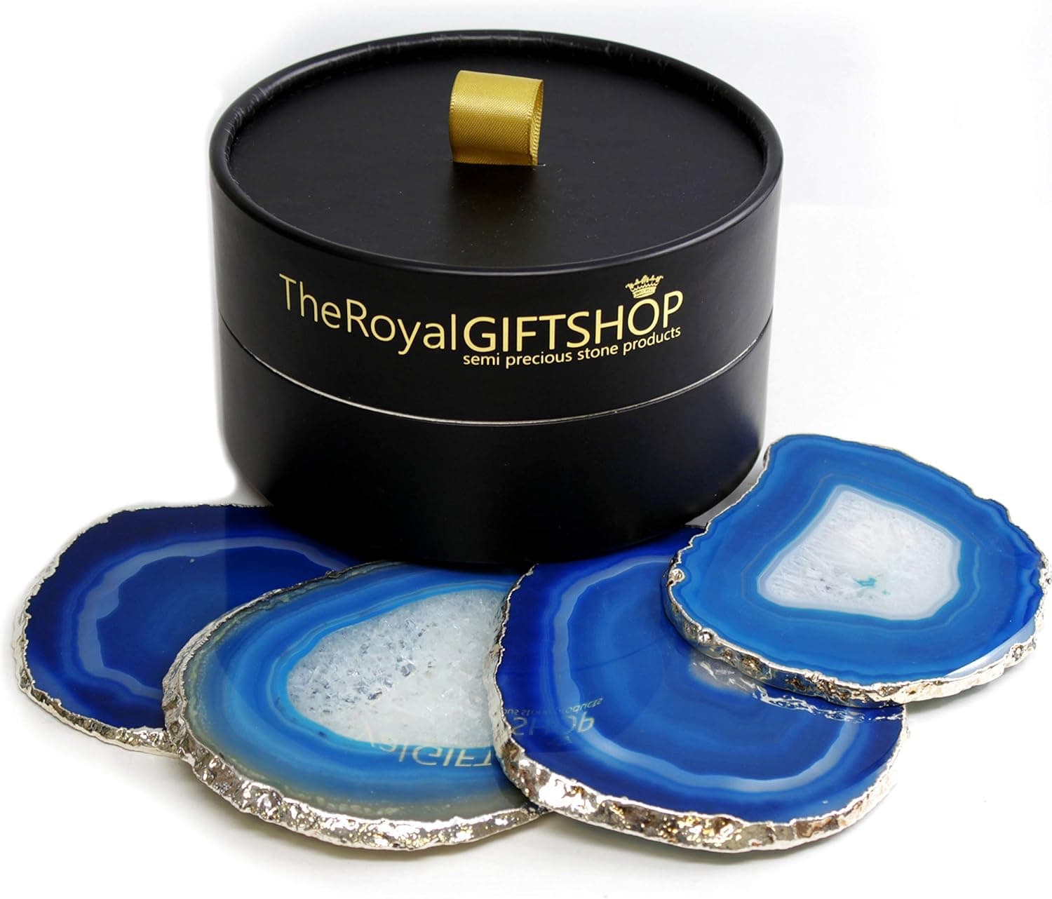 Silver Plated Agate Drink Coasters Set of 4 (Blue) with Deluxe Gift and Storage Box. Protective Rubber Bumpers Attached