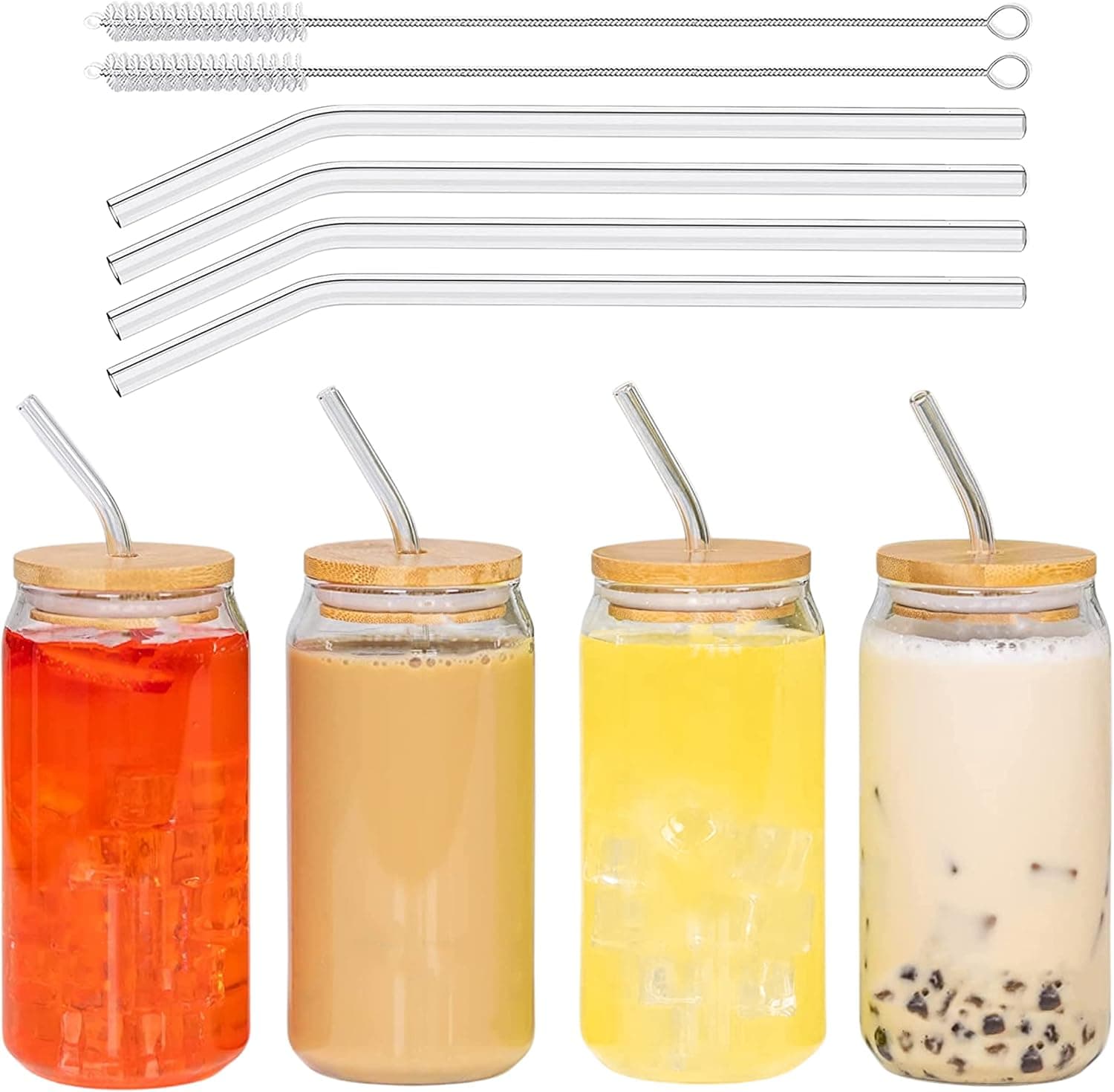 Valley Side Homes 16oz Drinking Glass Cups With Bamboo Lids and Straws set of 4 - Can Shaped Glass Cups, Iced Coffee Cup Glass Straw, Cocktail Tumbler Cup Beer Glasses - 2 Cleaning Brushes