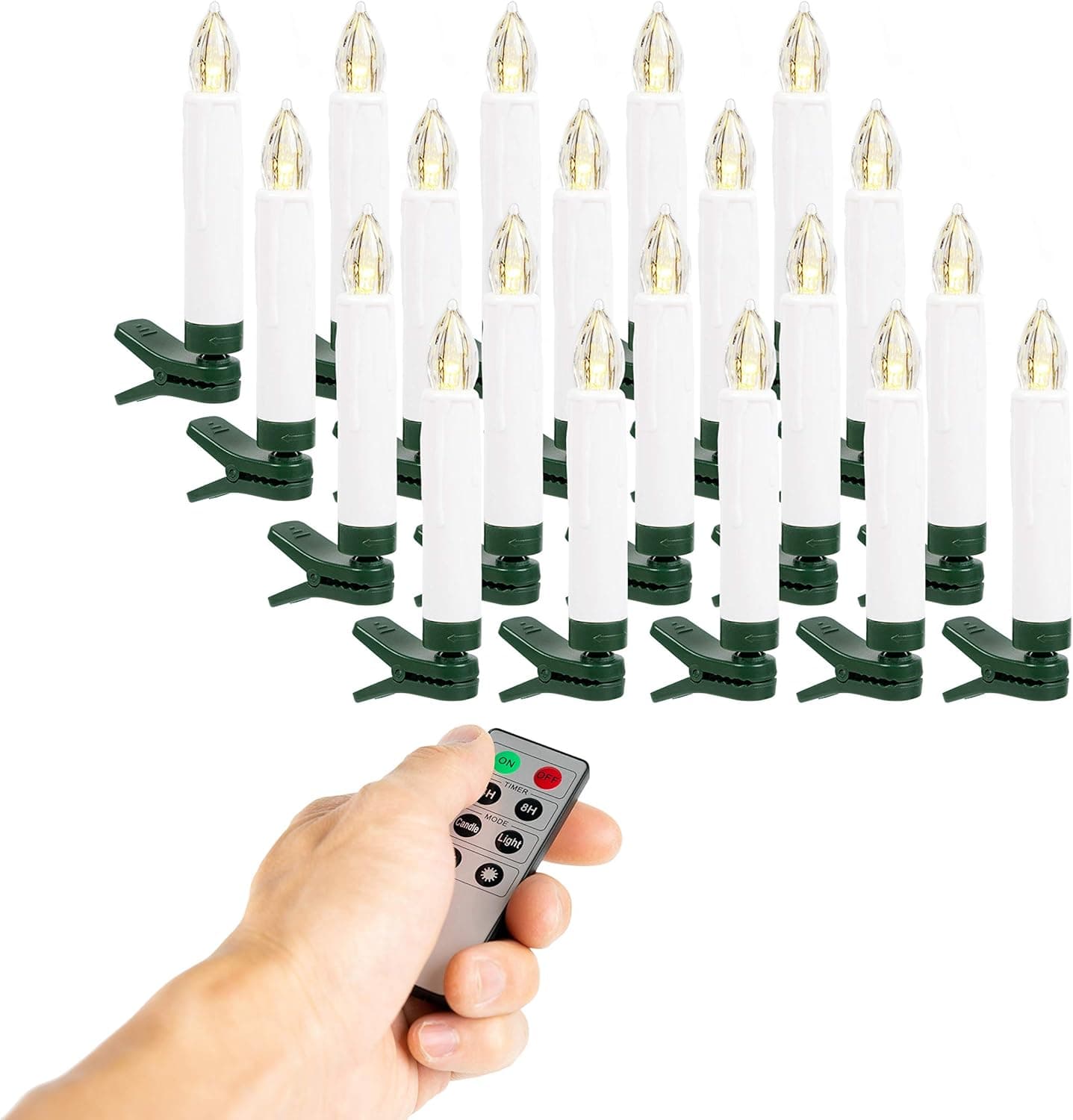 WYZworks 20 3.5" LED Flameless Flickering Taper Clip-On Battery Operated Candles, Timer Remote Control, Cordless, Drip Effect Christmas Valentine Holiday Accent Decorative Festive Ornaments Wreath