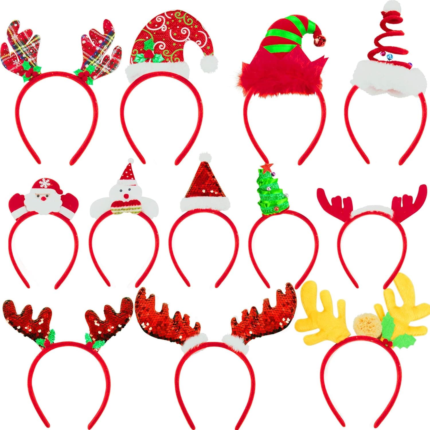 BQTQ 12 Pieces Christmas Headbands Reindeer Costume Hair Headband Christmas Tree Headbands Elves Party Hats for Christmas Favor