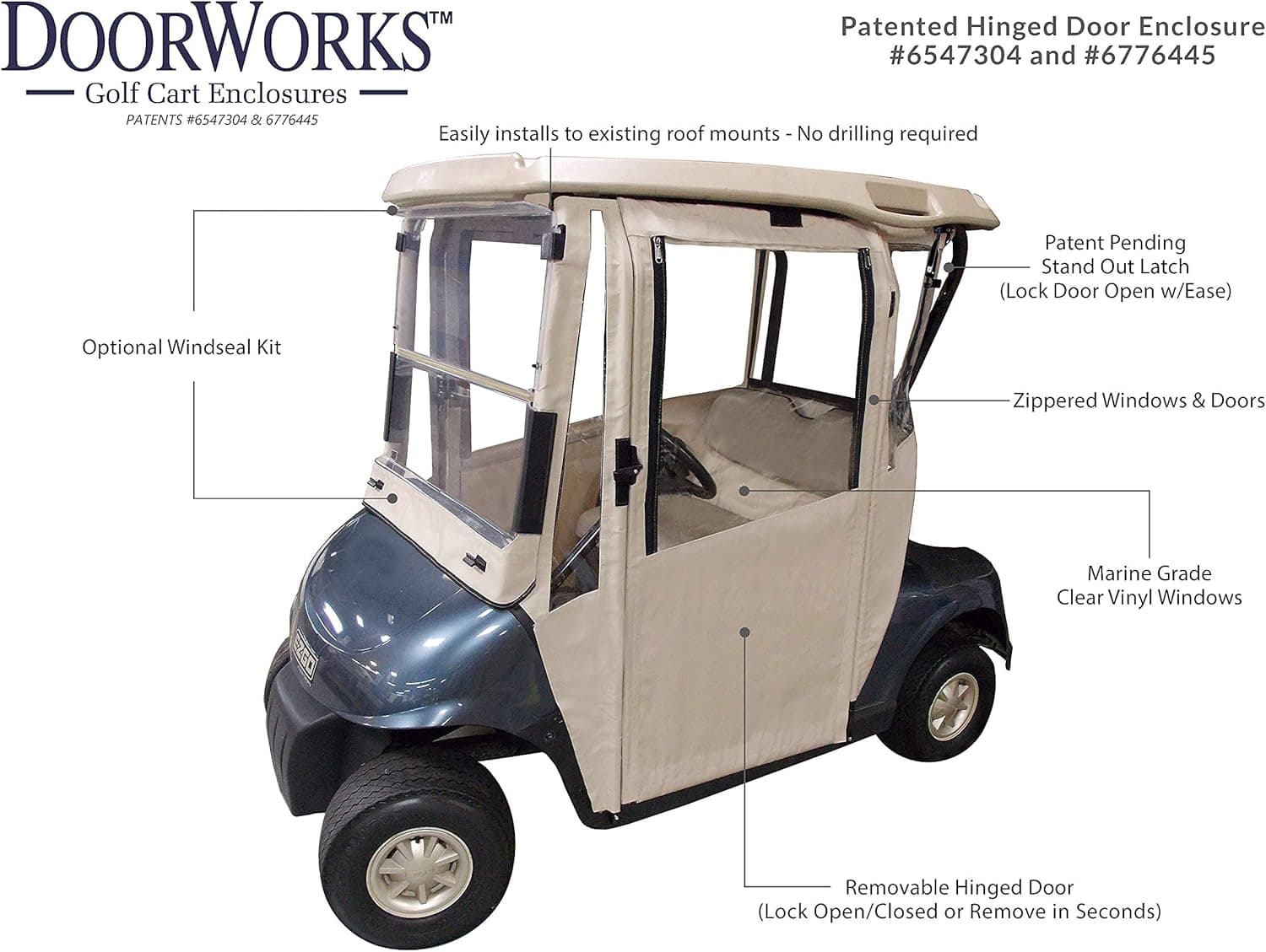 Doorworks Hinged Door Golf Cart Enclosures – EZGO TXT (94-13) Sunbrella Canvas Cart Cover, Swinging Hard Doors, 4 Sided, Zippered Drivable Golf Cart Cover Fits Golf Bags, Utility Box, Rear Facing Seat