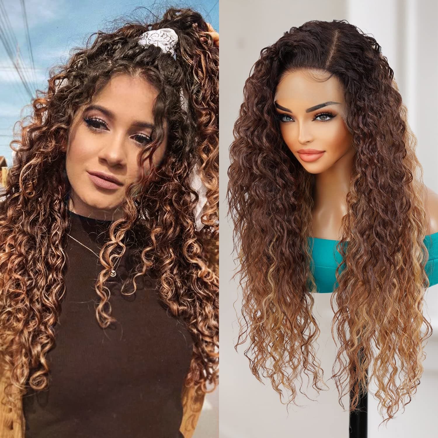 The Stylist HD Lace Front Wig Deep Wave 13X6 Transparent Lace Frontal Wigs 32 Inch Long Human Hair Blend Invisible Swiss Lace Frontal Heat Friendly Synthetic Wig - Isis (32 Inch (Neutral HD Lace), BALAYAGE/CARAMEL)