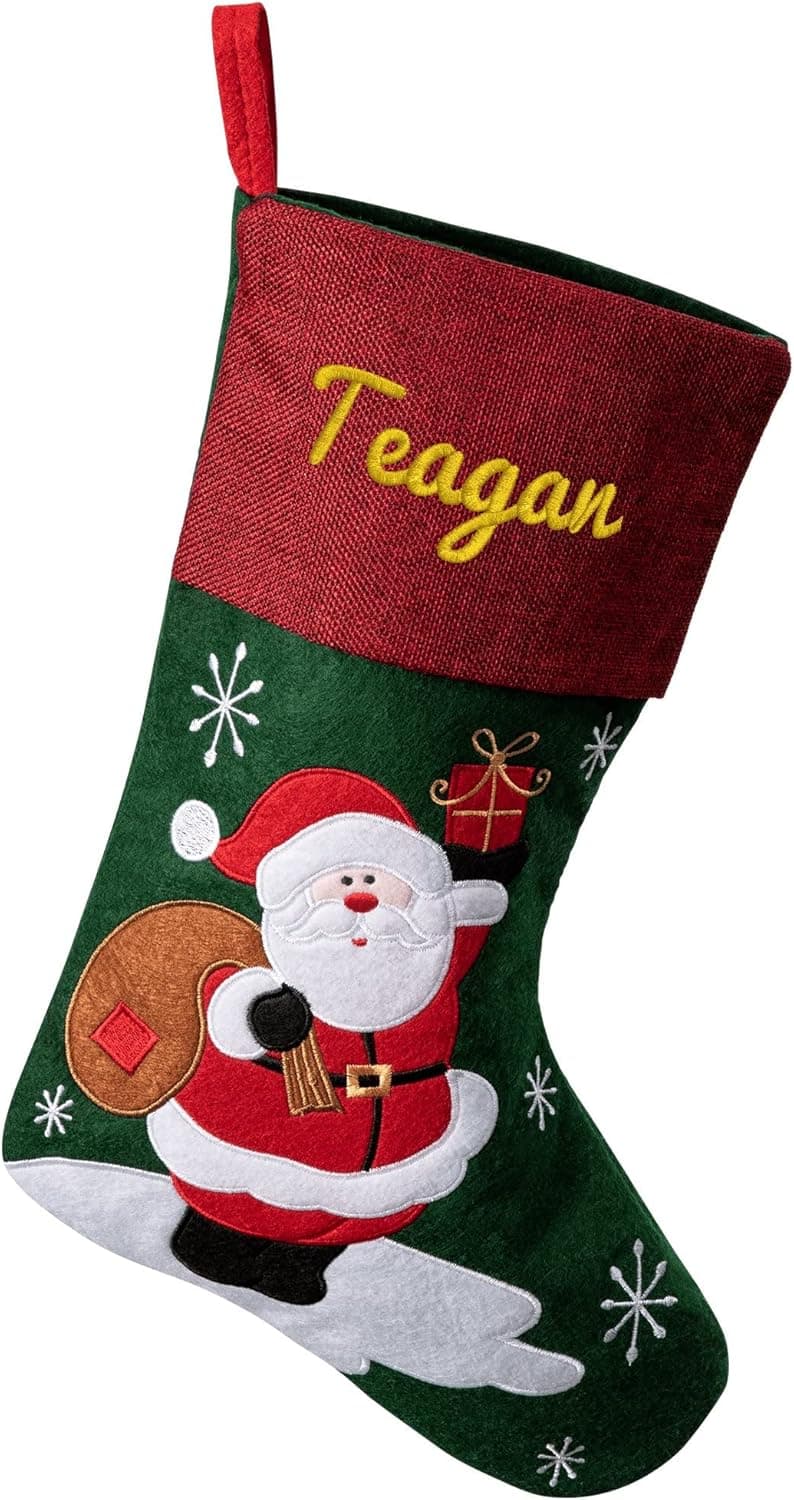 Personalized Christmas Stockings Embroidered Custom Name Xmas Hanging Stocking for Christmas Tree Fireplace, Holiday Home Decor, Christmas Stockings with Santa, Snowman, Elk, for Home Party Decoration