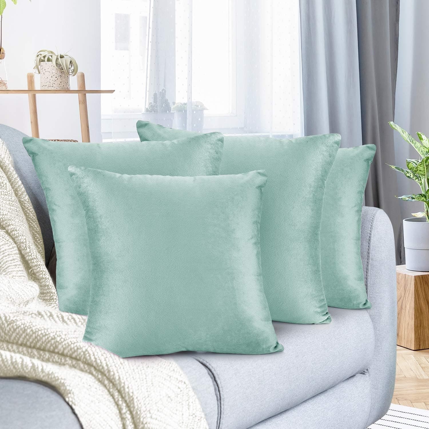 Nestl Throw Pillow Covers, Cozy Velvet Decorative Outdoor Pillow Covers 16x16 Inches, Soft Solid Cushion Covers for Sofa, Bed and Car, Set of 4 - Aqua Light Blue