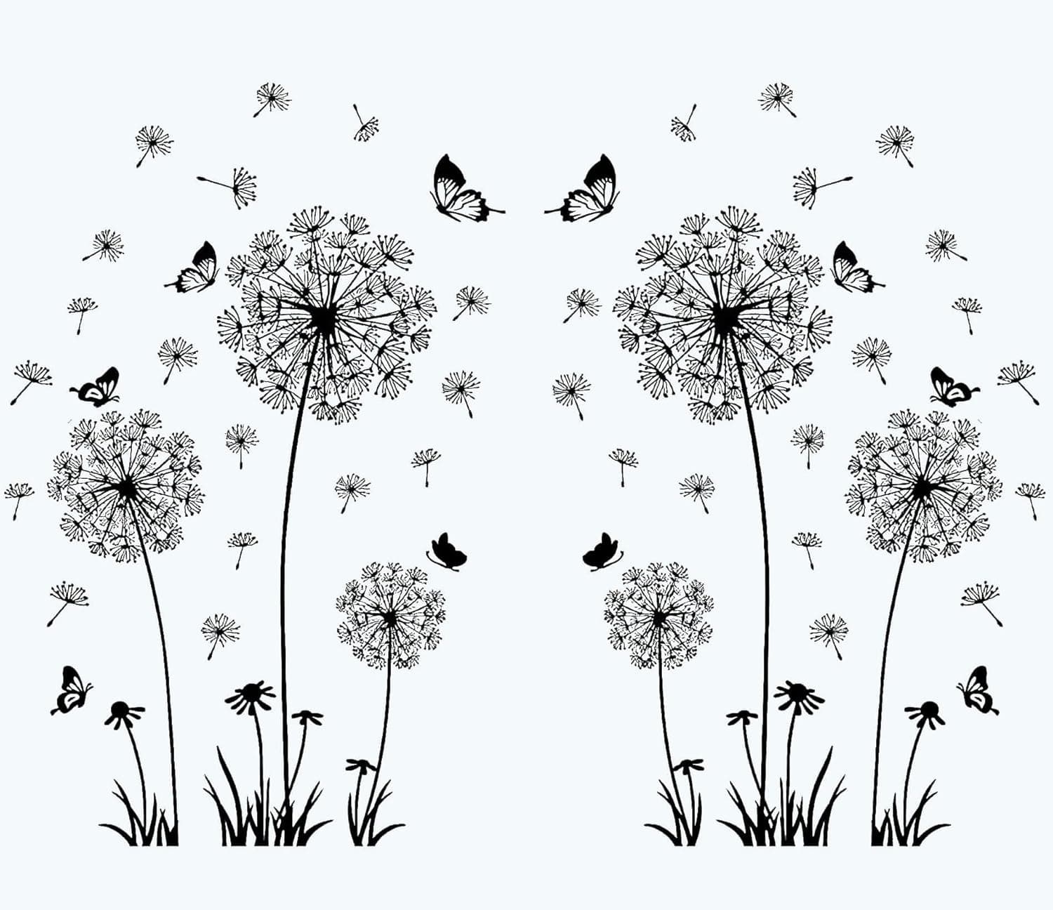 Yuemoon Wall Decals for Bedroom Living Room, Large Dandelion Flowers Wall Stickers & Murals 2 Sets, Big Black Peel and Stick Wall Decor with Butterflies