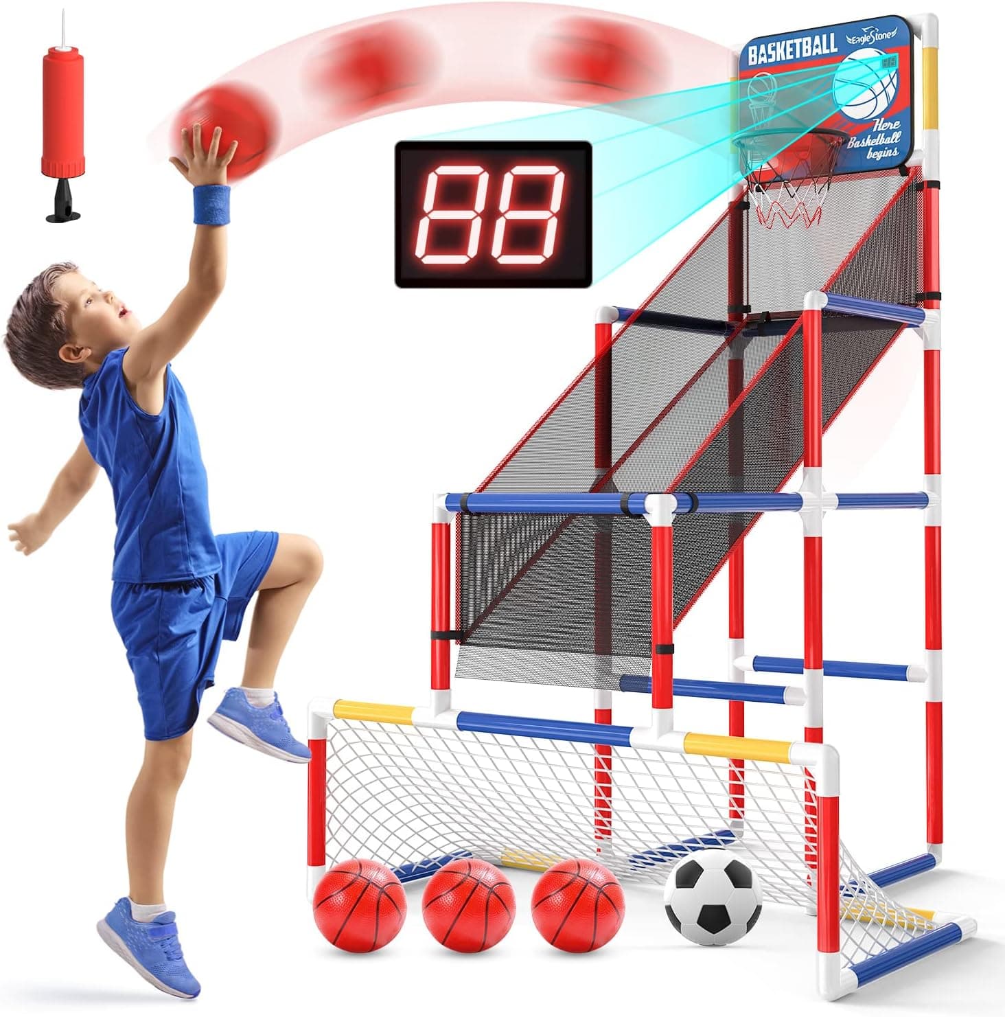EagleStone Kids Basketball Hoop Arcade Game Indoor, 5.3ft H w/ Soccer Goal, Mini Hoop with Electronic Scoreboard, 4 Balls, Basketball Hoop Outdoor Adjustable Height, Sports Game Toys for Boys & Girls