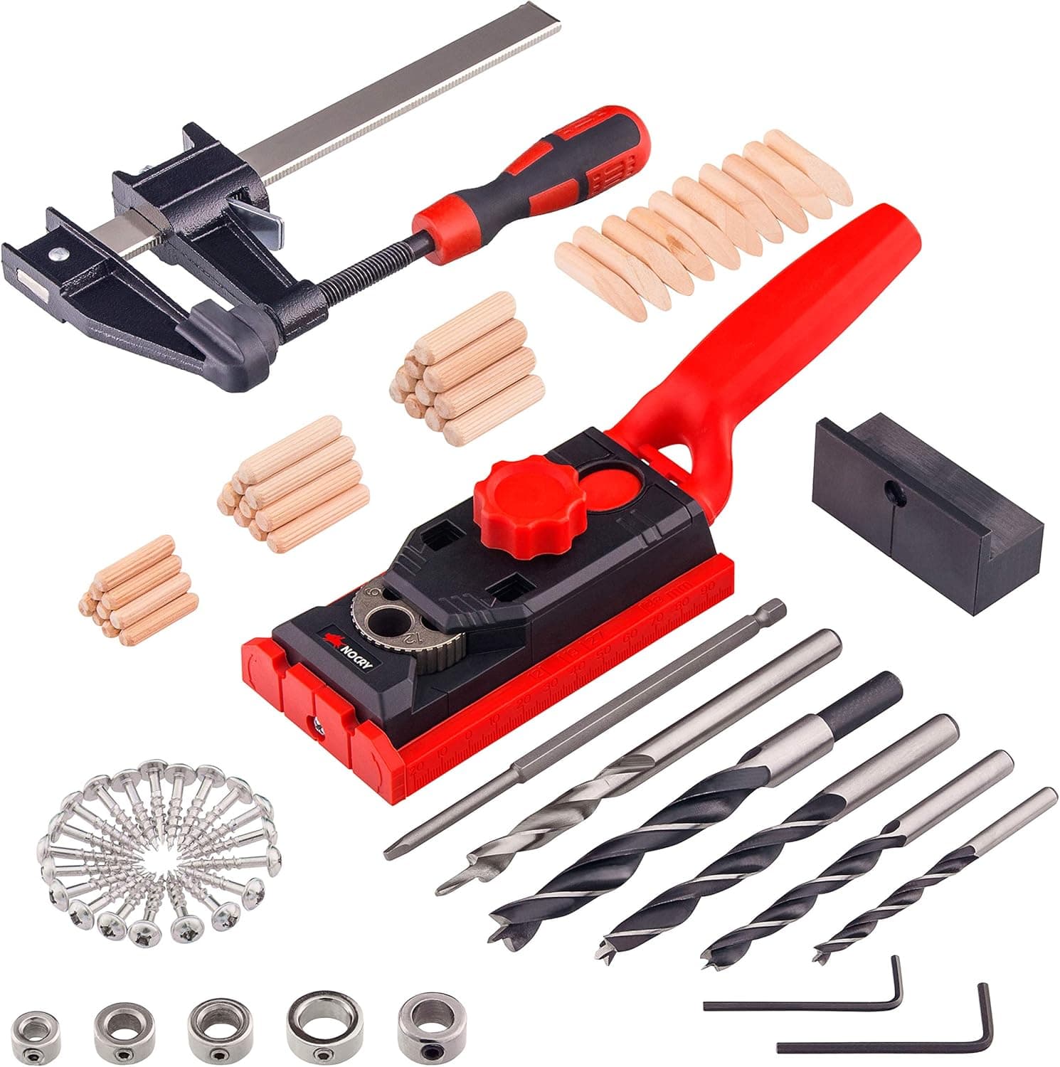 NoCry Pocket Hole Jig System - 2-in-1 Jig and Dowel Tool Kit with 78 Accessories, Including F-Clamp, Drill Bits, Screws, Dowel Plugs & Carrying Case