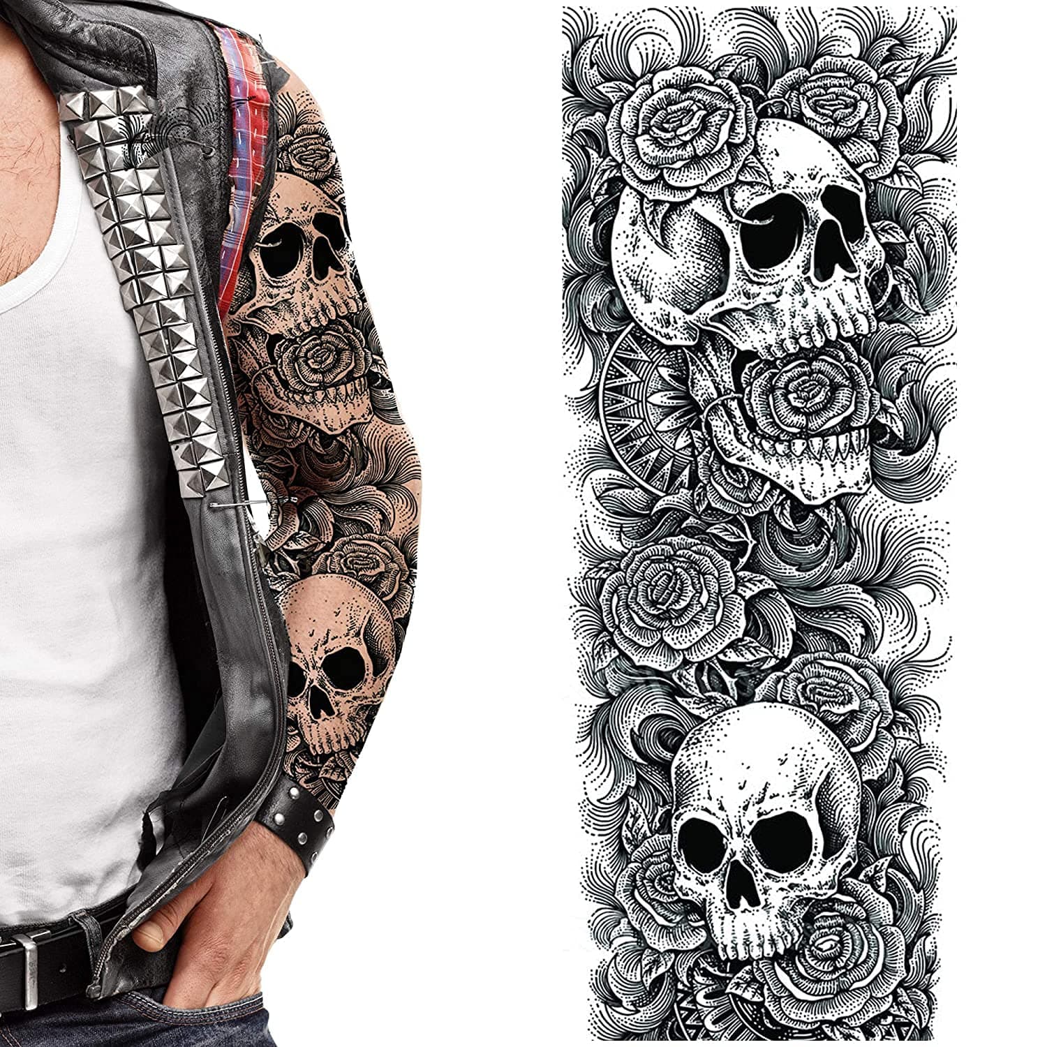 Tatodays 2 x Temporary tattoo full arm skulls gothic stick on body art transfer for women and men cosplay halloween adult fake temp tattoo halloween fancy dress party