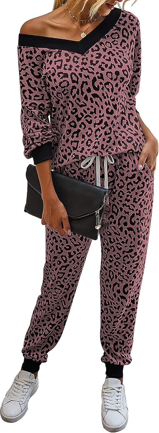 BTFBM Women Leopard Print Tie Dye 2 Piece Pajamas Casual V-Neck Long Sleeve Drawstring Pants PJ Set Lounge Sleepwear