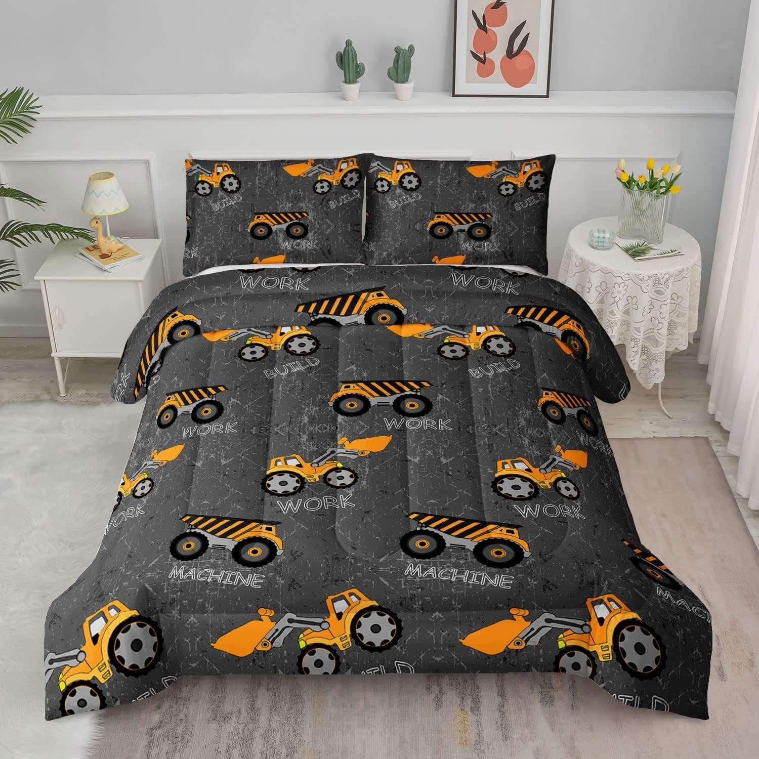 Datura home Construction Truck Comforter Set for Boys Kids Children,Machinery Excavators Vehicles Tractor Bedding Set with 1 Comforter and 2 Pillowcases(Brown Truck Twin)