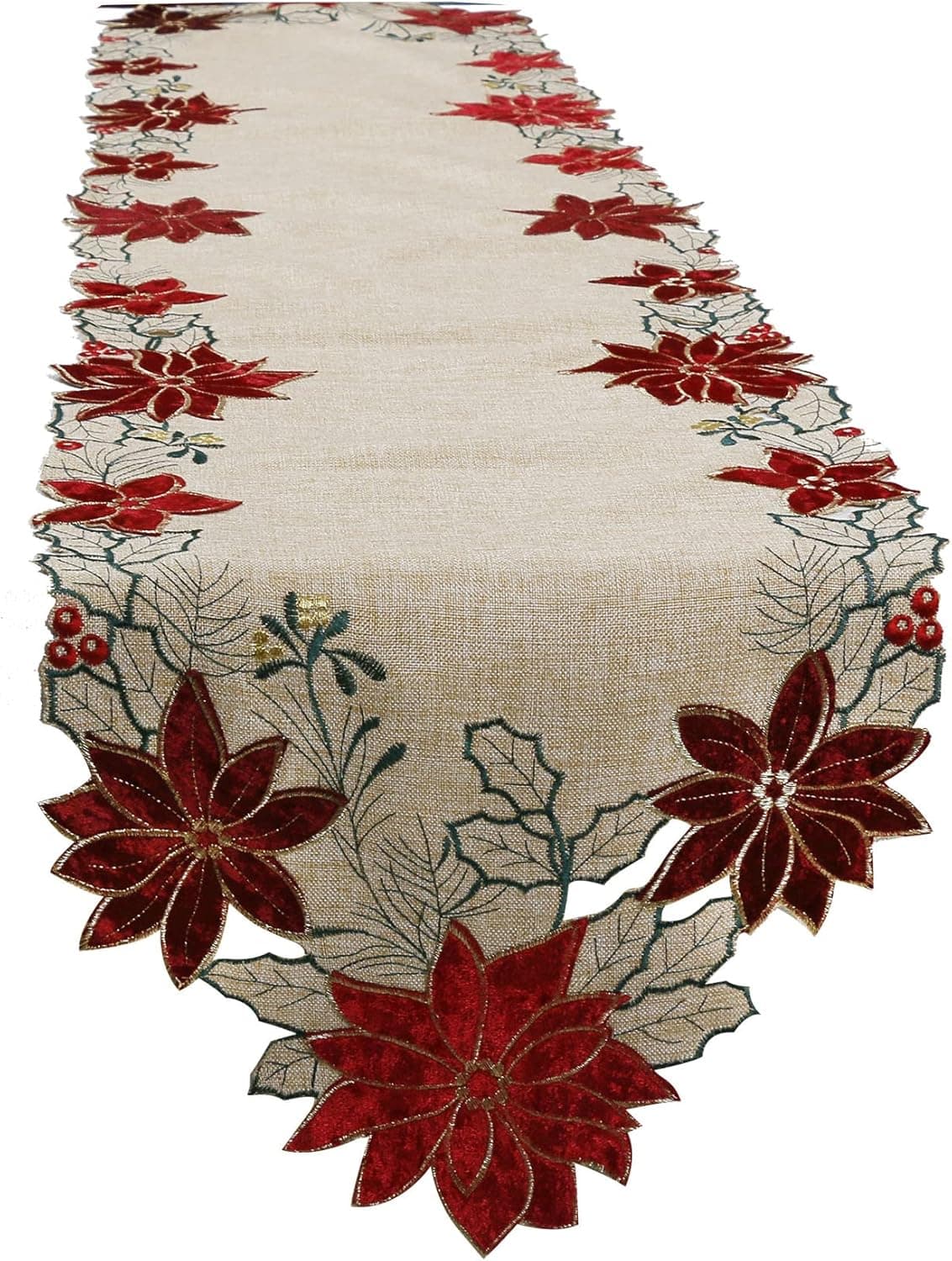 OWENIE Christmas Table Runner, Christmas Runner for Table with Embroidered Red Poinsettia, Christmas Home Decor, 13 x 70 Inch