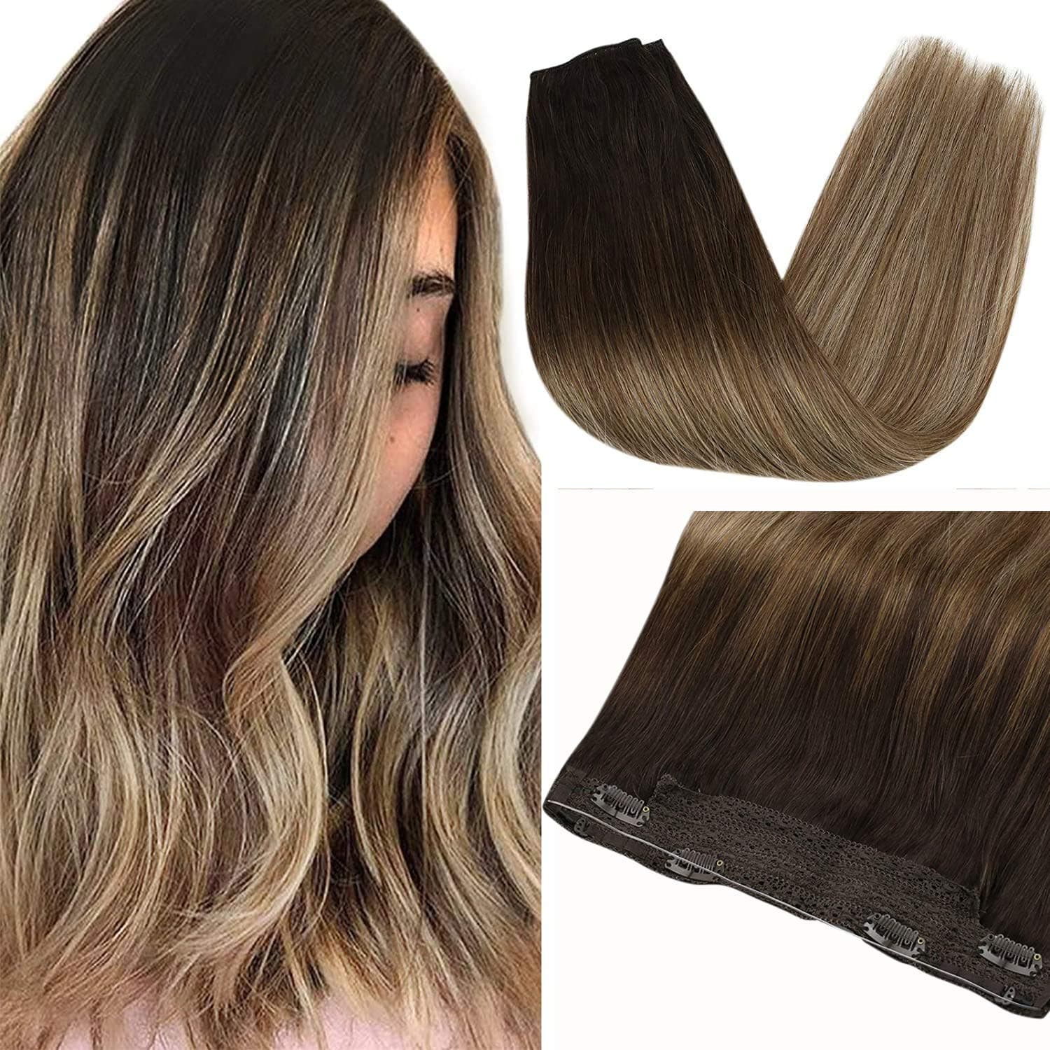 Sunny 18inch Hair Extensions Human Hair Wire Crown Ombre Darkest Brown to Medium Brown Mix Ash Blonde Balayage One Piece Clip in Extensions Real Human Hair 80g/Pack