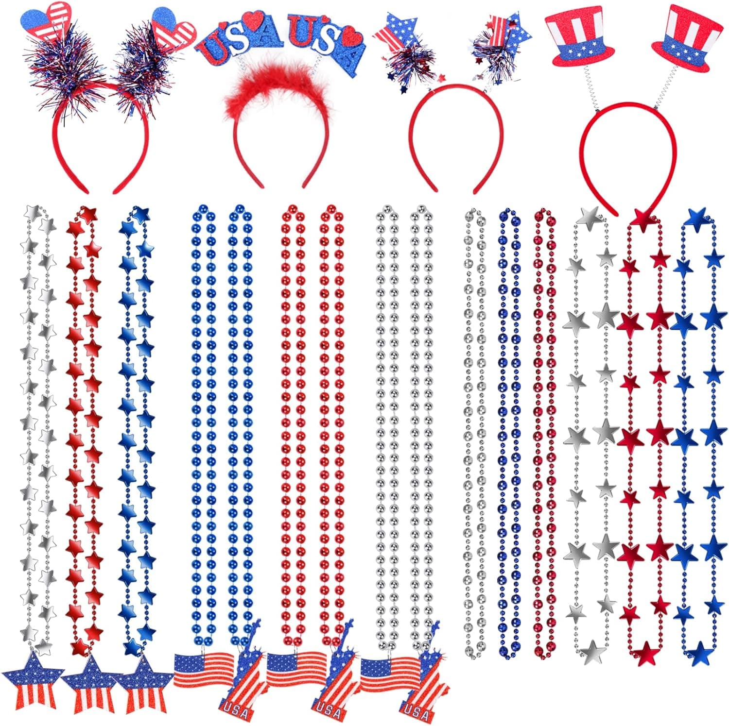 Atonofun 22 Pcs 4th of July Party Accessories, Bead Necklaces Patriotic Metallic Beaded Necklaces with Patriotic Head Boppers Headband for Independence Day, Memorial Day, Sport Event, Party Favors