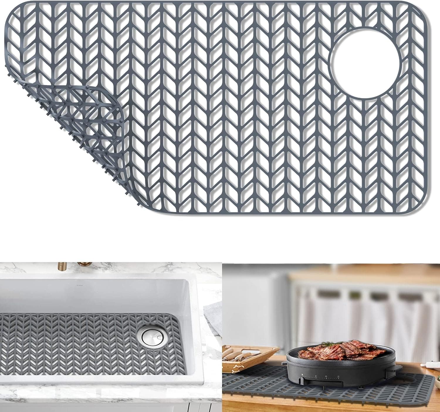 AWOKE Sink Protectors for Kitchen Sink - 28.6"x 14.5" Sink Mat - Heat-resistant Easy-clean Silicone Sink Mat - for Protection of Stainless Steel Sink - with Right & Left Drain (Grey)