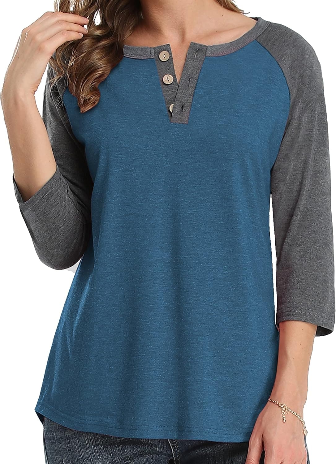 Sillace Womens Tops Color Block Raglan 3/4 Sleeve Shirts for Women Button Blouse