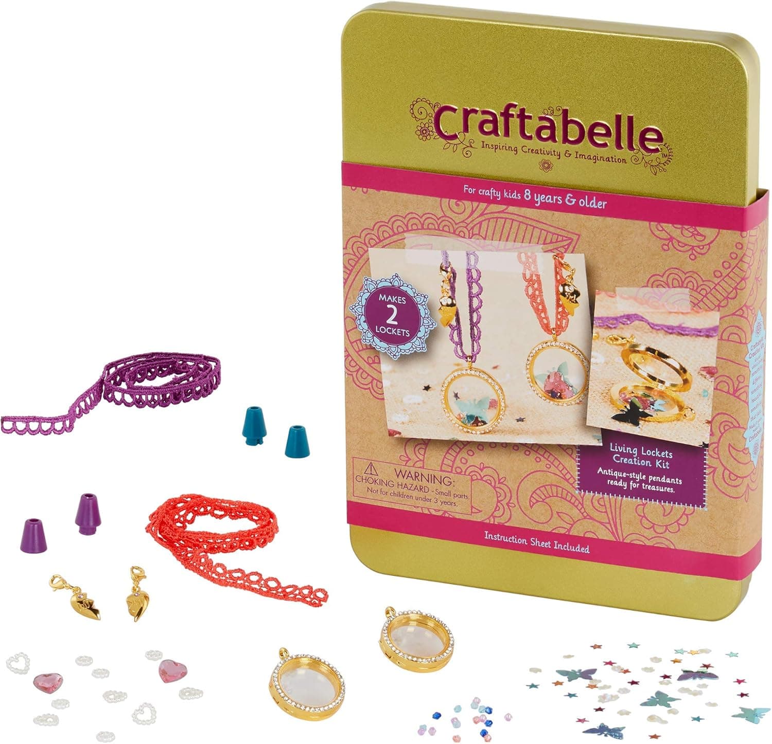 Craftabelle – Living Lockets Creation Kit – Locket Making Kit – 85pc Necklace Set with Charms and Beads – DIY Jewelry Kits for Kids 8 Years +