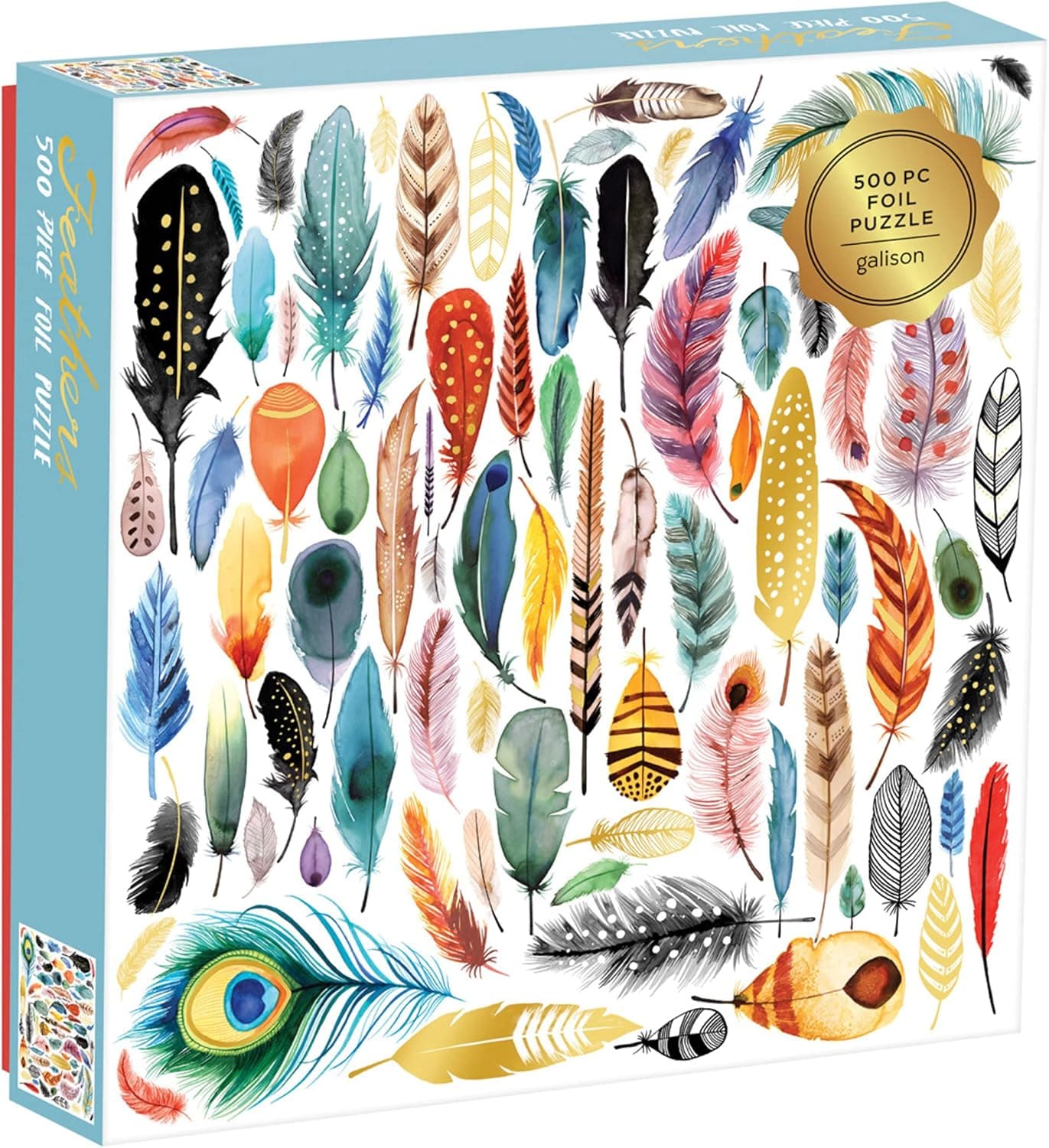 Galison Feathers 500 Piece Jigsaw Puzzle for Adults and Families, Bird Feather Foil Puzzle with 500 Pieces and Bird Feathers from Around The World