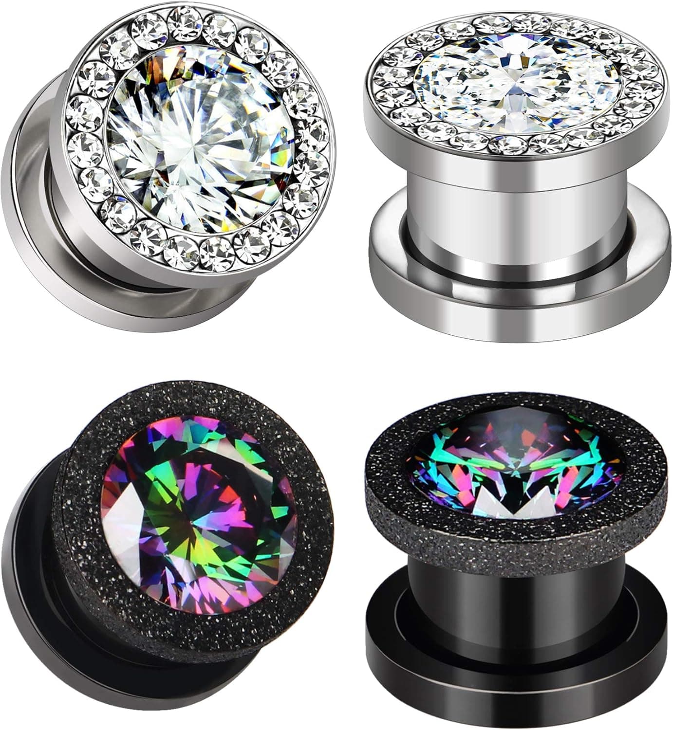 Awinrel 2 Pairs CZ Gems Ear Gauges Plugs Womens Zircon Flesh Tunnels Stainless Steel Stretcher Kits Expander Piercing Jewelry