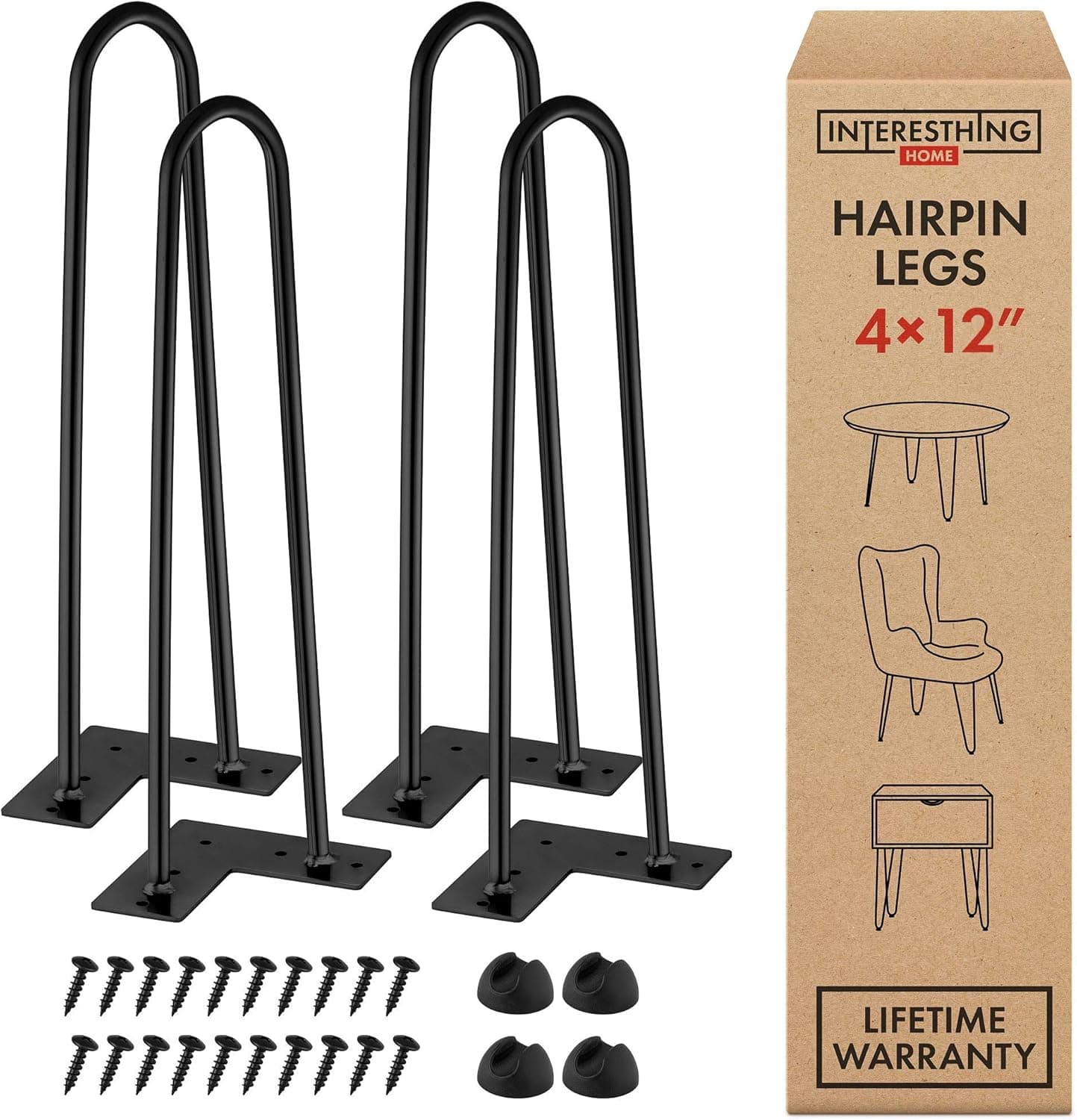 12 Inch Hairpin Legs – 4 Easy to Install Metal Legs for Furniture – Mid-Century Modern Legs for Coffee and End Tables, Chairs, Home DIY Projects + Bonus Rubber Floor Protectors by INTERESTHING Home