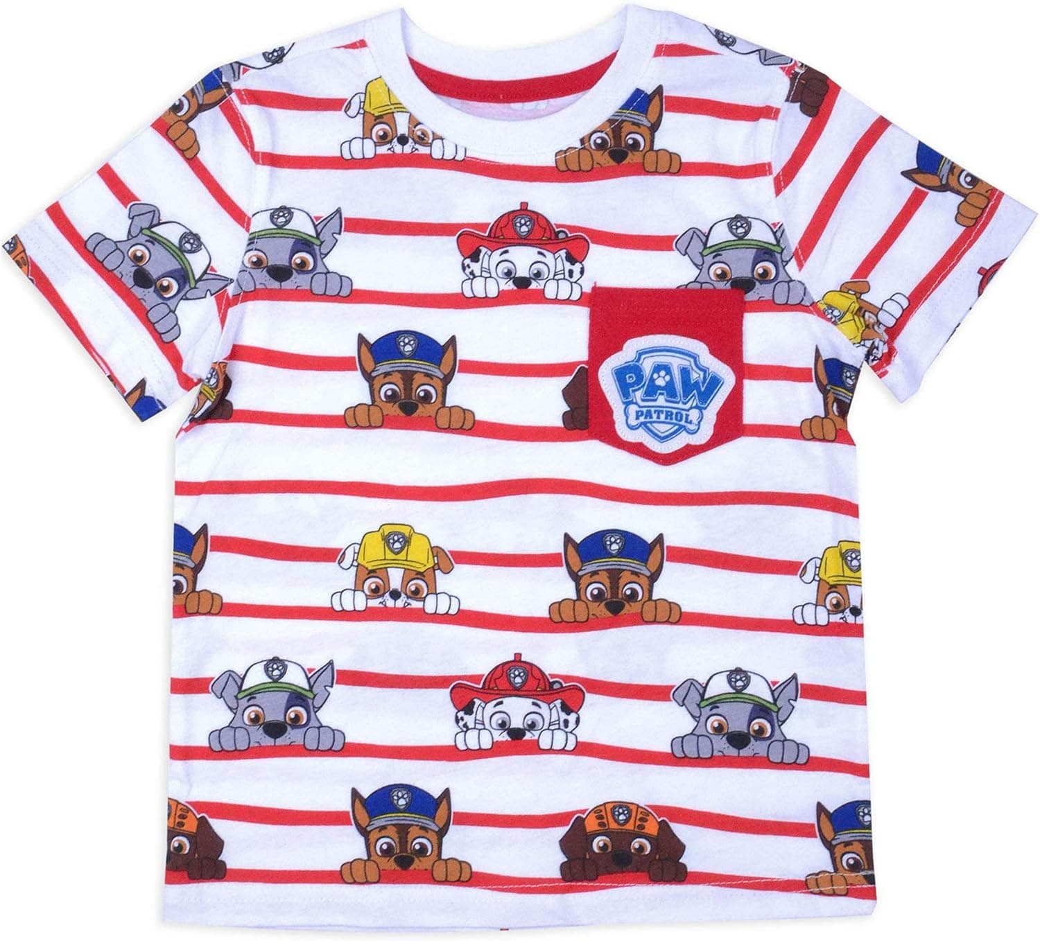 Paw Patrol Toddler Little Boys All Over Print T-Shirt with Pocket (White/Red, 2T)