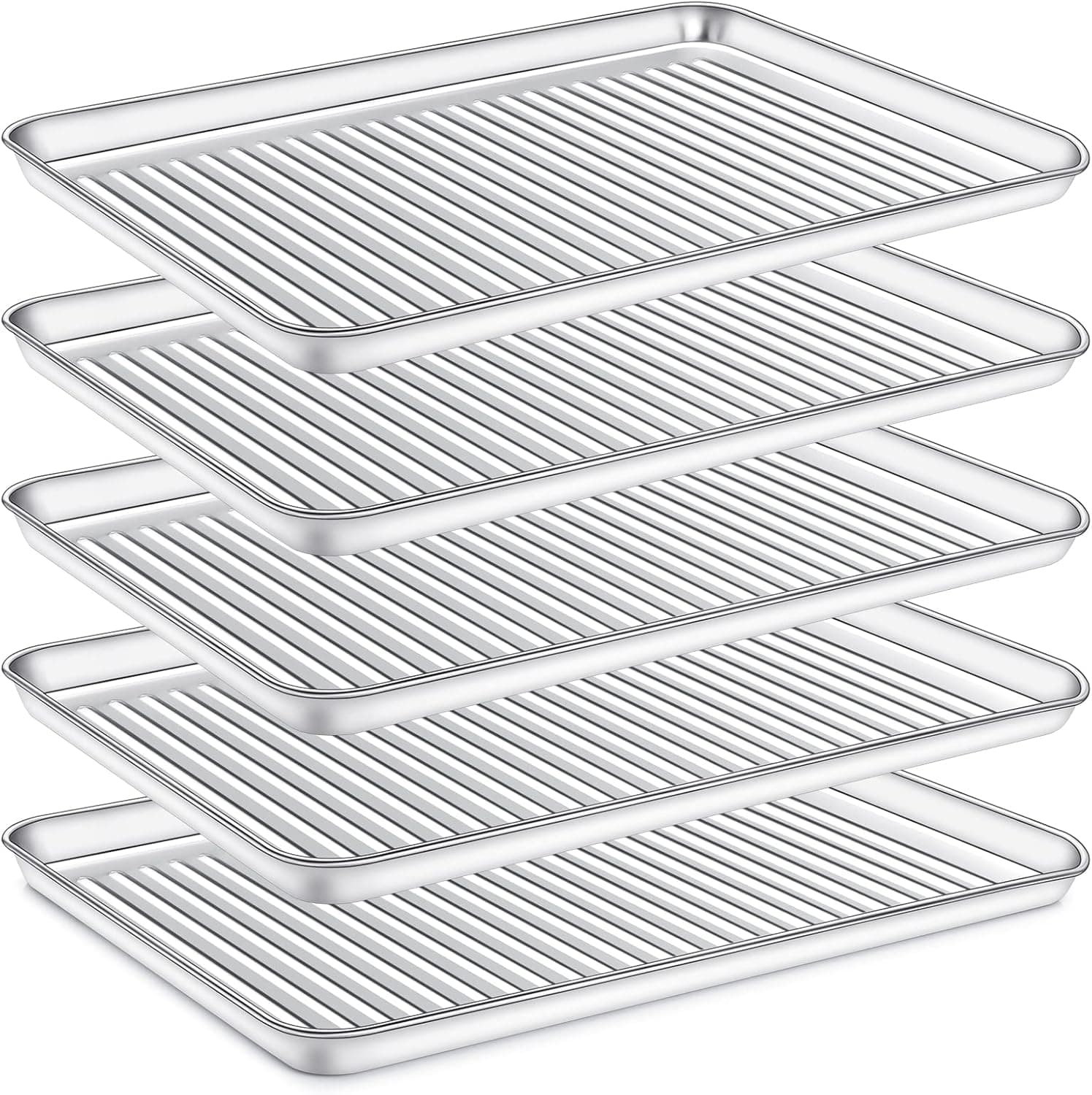 Sheet Pan 5 Pieces, Bastwe Stainless Steel Baking Pan Tray Cookie Sheet, Non Toxic, Rust Free, Mirror Finish, Easy Clean, Dishwasher Safe, Size 17.3 x 12.3 x 1 Inches