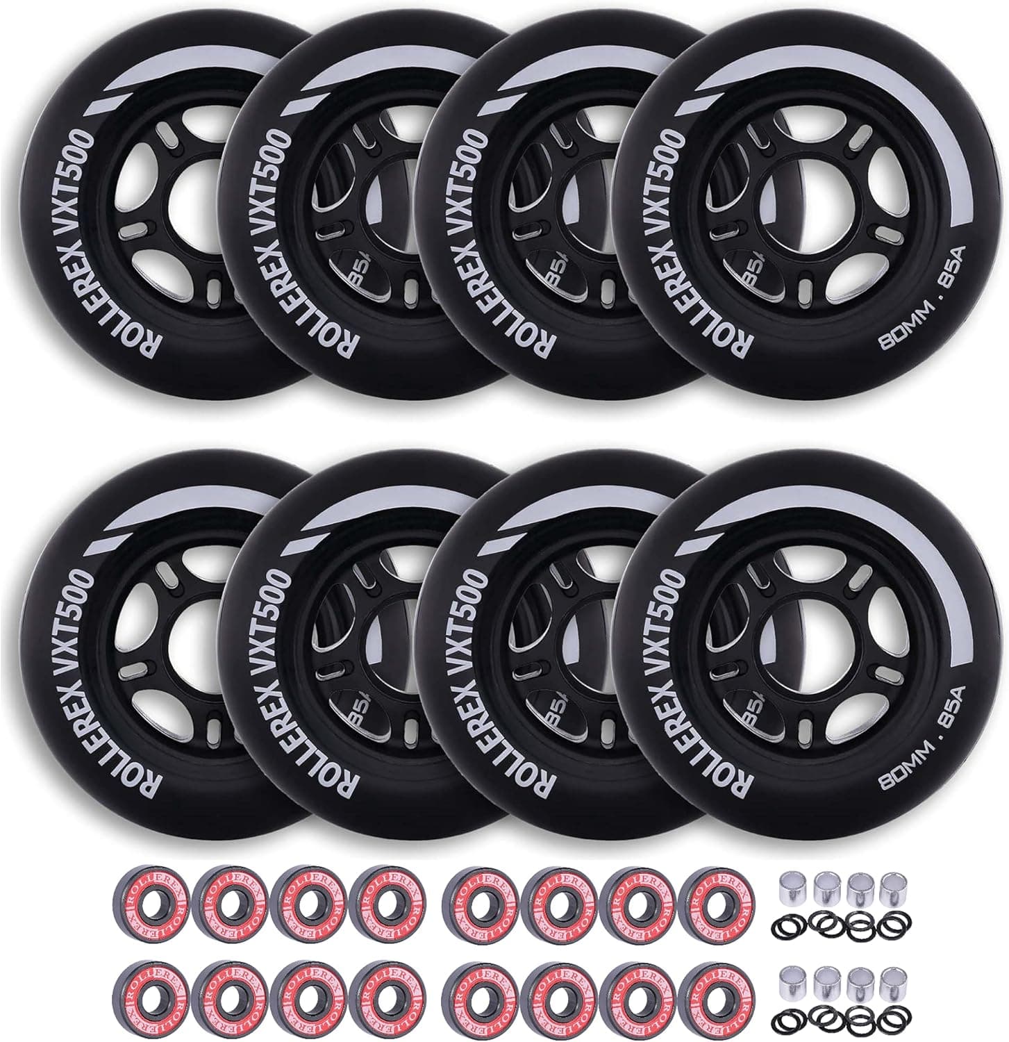 Rollerex VXT500 Inline Skate Wheels (8 Wheels w/Bearings, spacers and washers) (Various Size & Color Options Available) - for Indoor, Outdoor, Hockey - Intended for Roller Blade Wheel Replacement