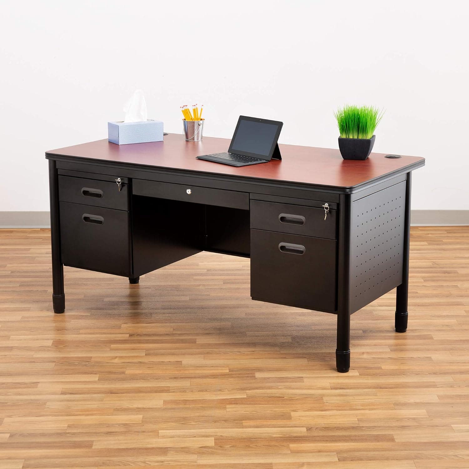 Learniture Steel Double Pedestal Teachers Desk, Black/Cherry, NOR-66361-PK