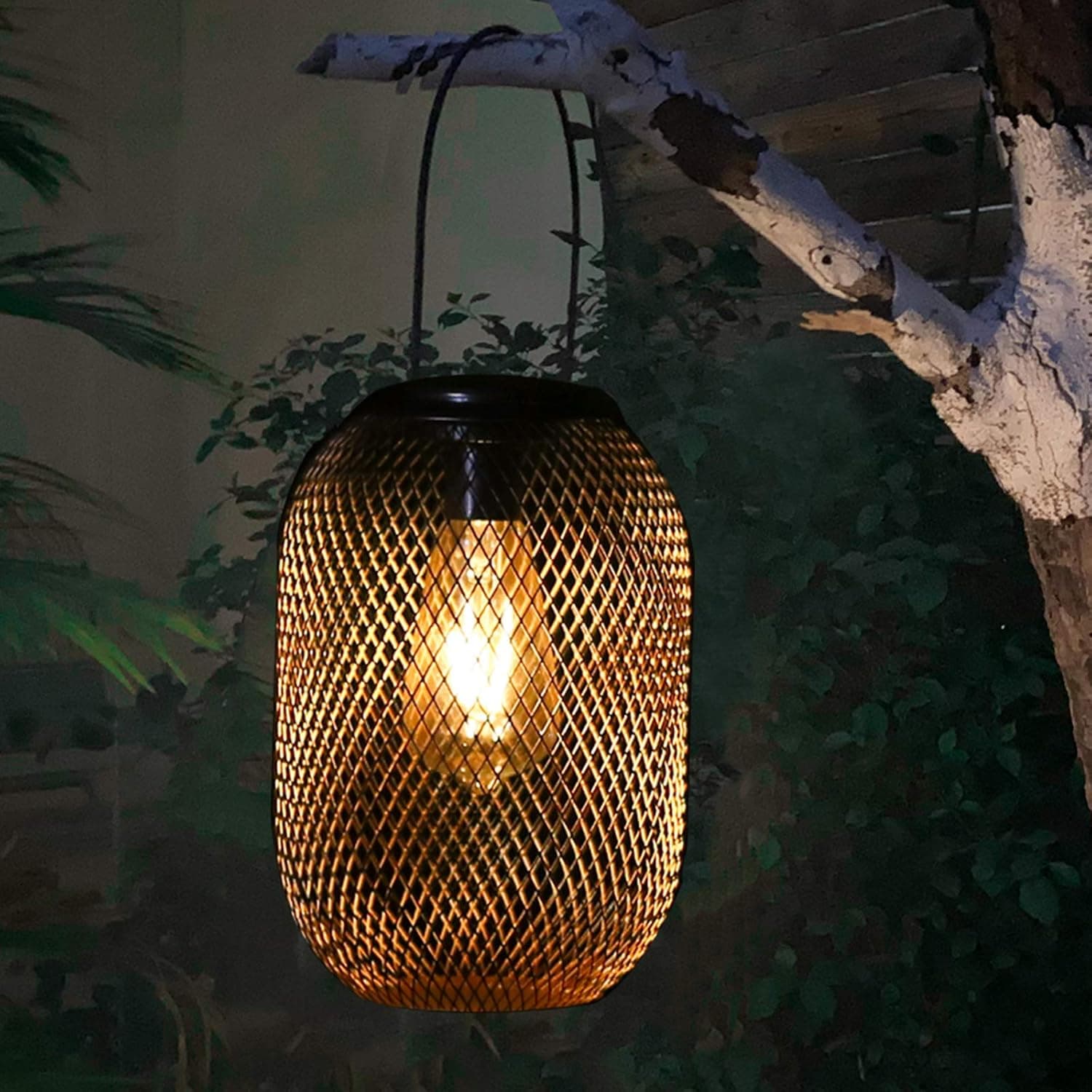 Solar Hanging Lantern Outdoor Indoor Decorative Big Vintage Metal LED Tabletop Light Hollow Out with Handle for Garden Patio Landscape Yard (Bronze)