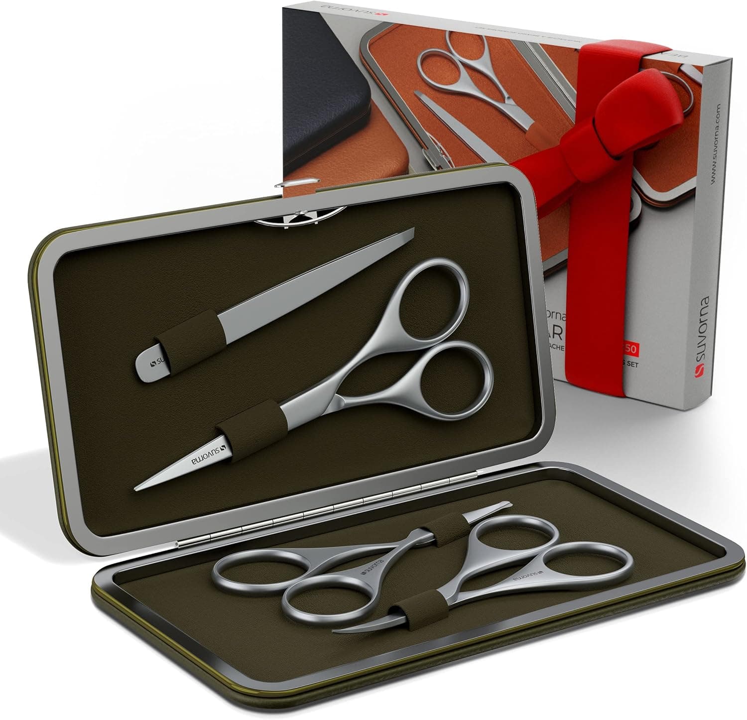 Suvorna Professional Men's Grooming Facial Hair Removal/Trimming Kit 4 Pcs. Mustache & Beard, Ears & Nose and Eyebrow Scissors along with Slant Tweezers. (Olive Green)