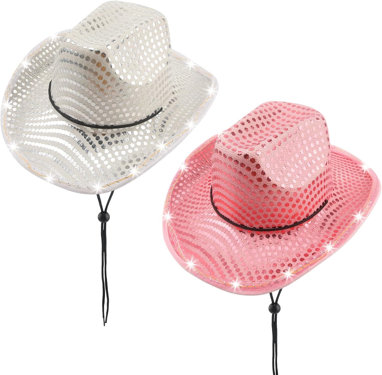 Cotiny 2 Pack Cowboy Hats Sequin Cowgirl Hats with Colorful Brim for Women Men Party Supplies Halloween Costume Accessories (Color set 1)