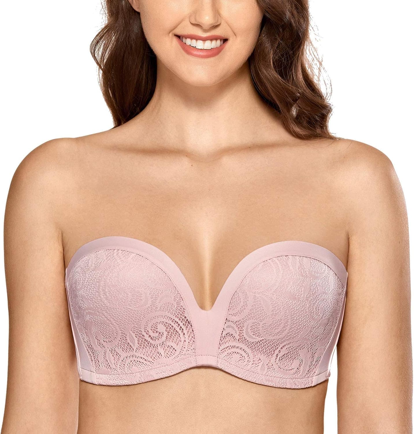 DELIMIRA Womens' Strapless Bra Plunge Push Up Lace Slightly Lined Support Plus Size