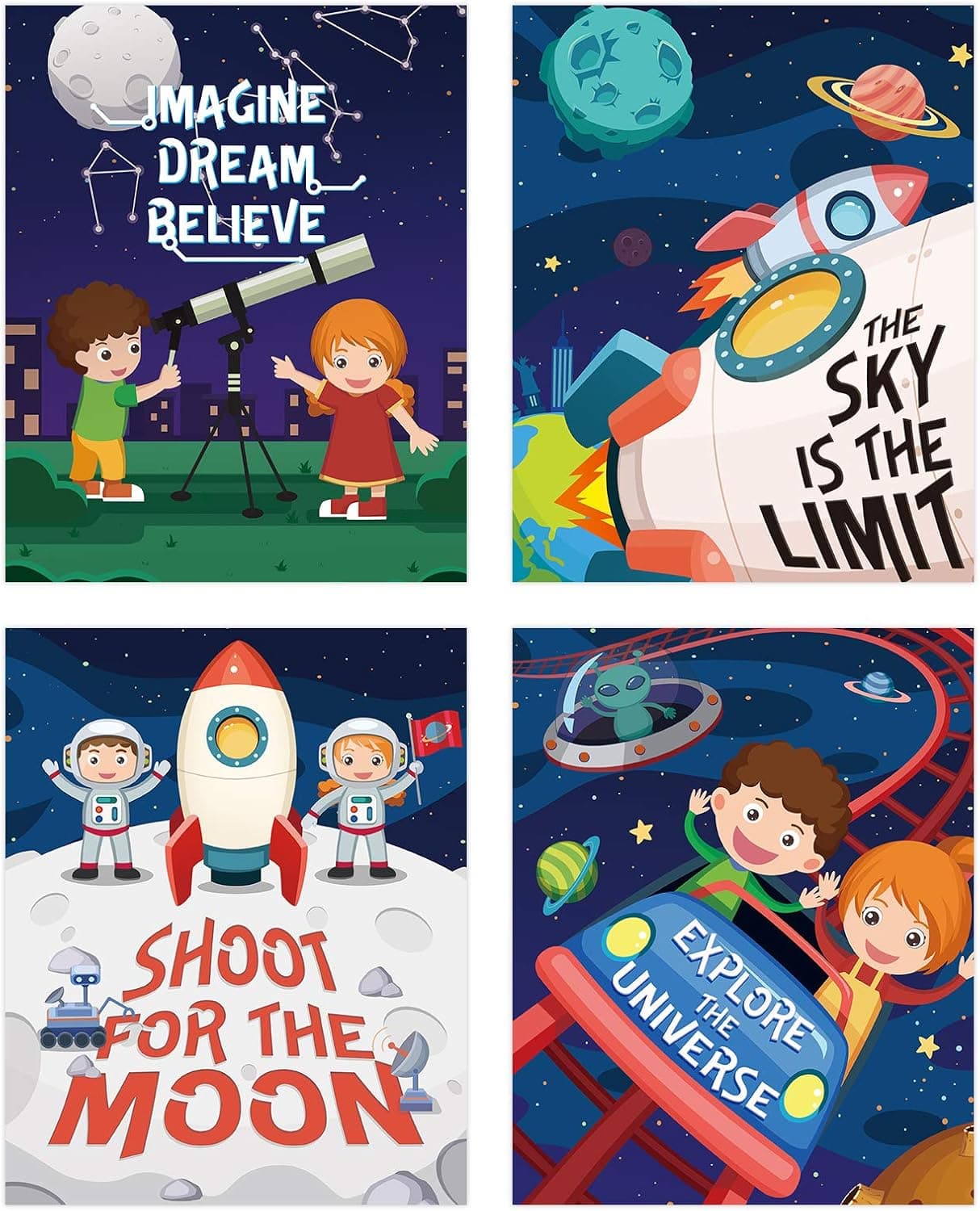 Outer Space Wall Decor for Kids Room, Rocket Art Prints for Boy Bedroom,4pcs Planet Theme Posters for Nursery Decorations, 8X10 Astronaut Pictures for Playroom(unframed)