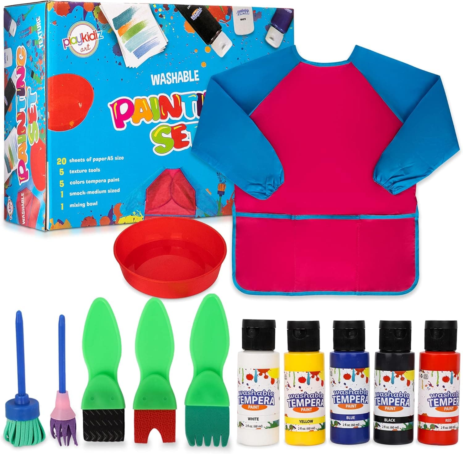 Washable Kids Paint Set, 32 Piece Complete Paint Set for Kids, Includes Washable Paint, Painting Sponges, Smock and Mixing Bowl.