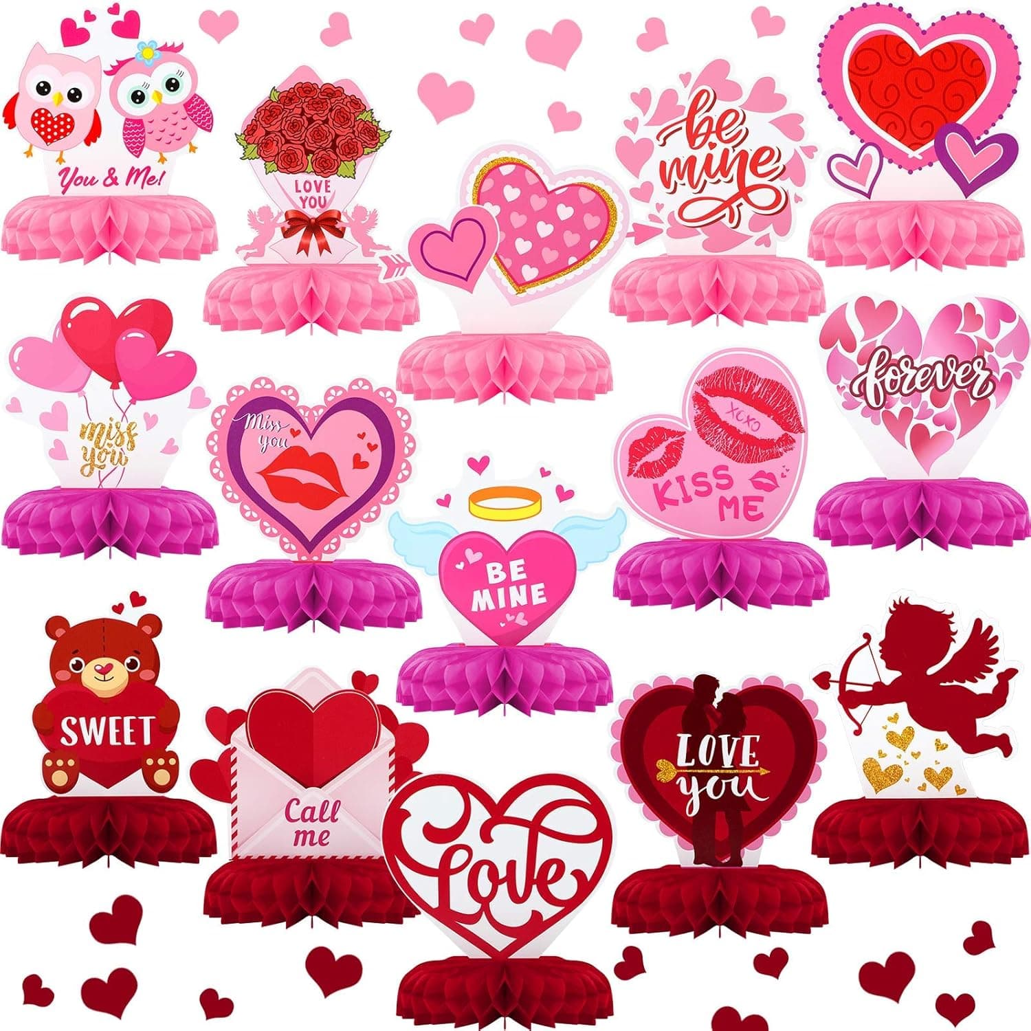 Zonon 15 Pieces Valentine Honeycomb Table Centerpieces Heart Cupid Honeycomb Centerpieces Cartoon Honeycomb Paper Ornaments Red Honeycomb Centerpieces for Valentine's Day Party Decorations