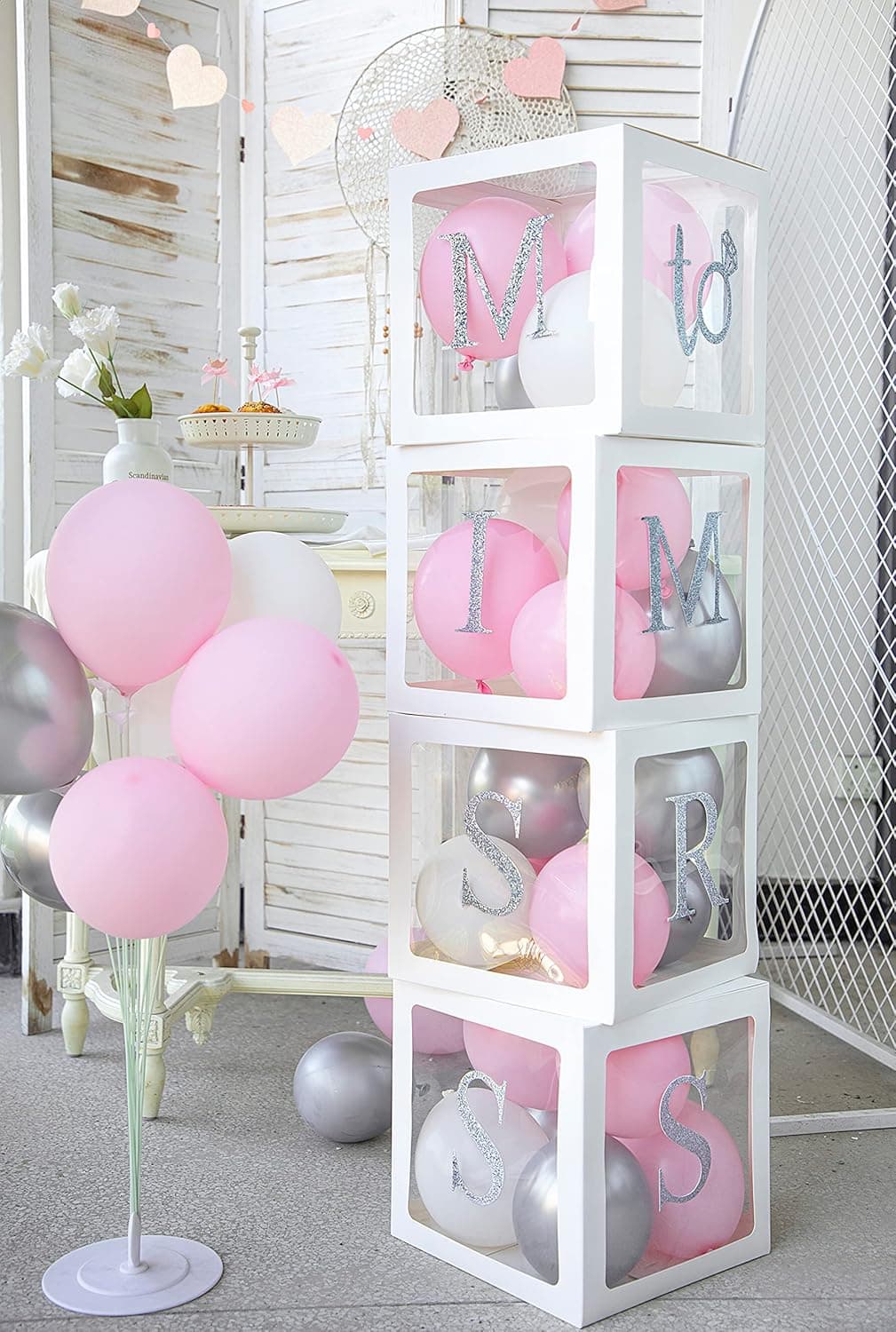 Fonder Mols 4 White Party Balloon Boxes with Silver Letters "MISS TO MRS" Perfect for Wedding Engagement Party Bridal Shower Decorations