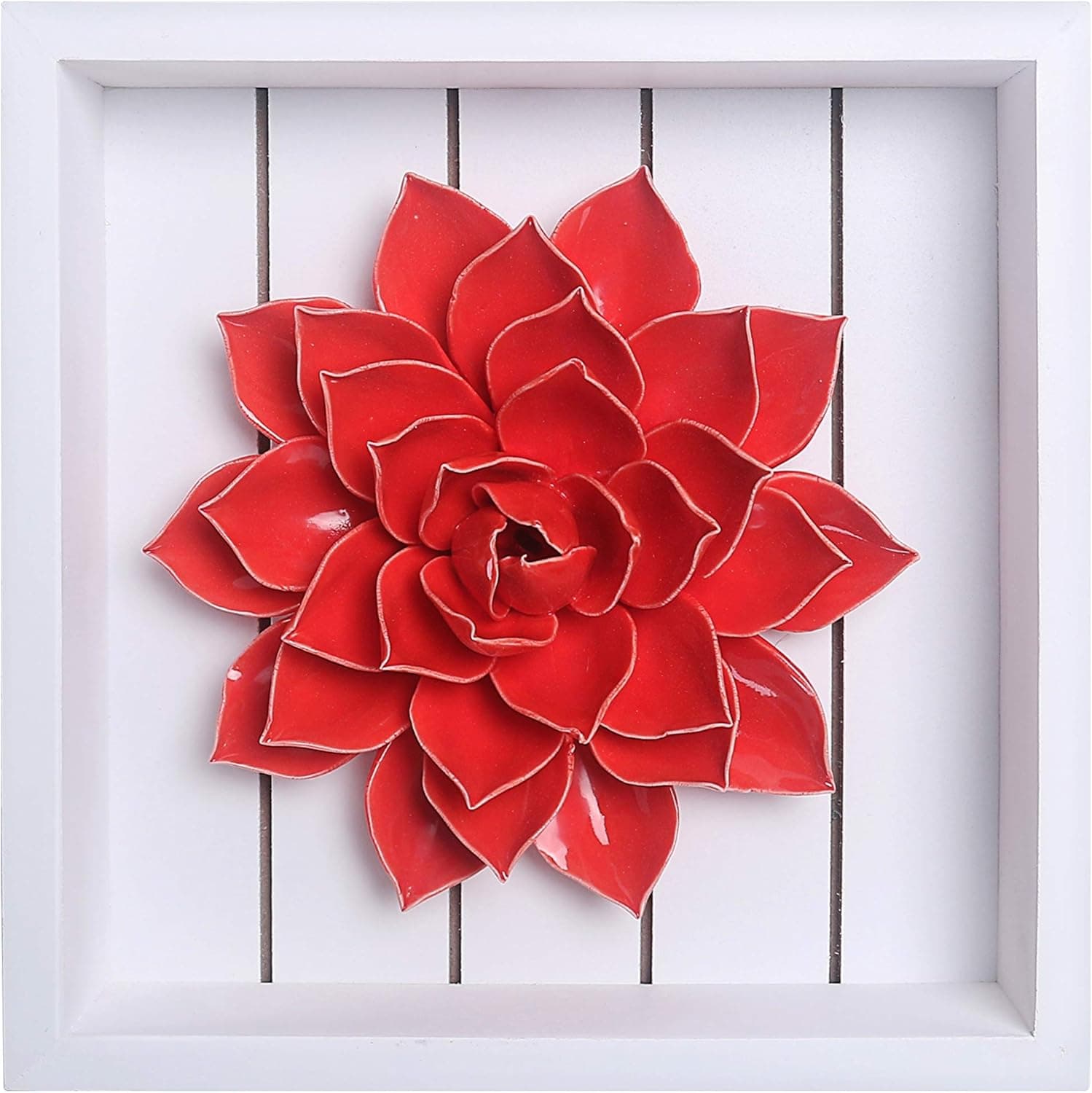 Bico Handcrafted Porcelain Red Lotus Sculpture with Wooden Frame Wall Decoration, 3D Wall Art, House Warming, Anniversary, Wedding, Birthday Gift, for Dining Room, Bedroom, Living Room Wall