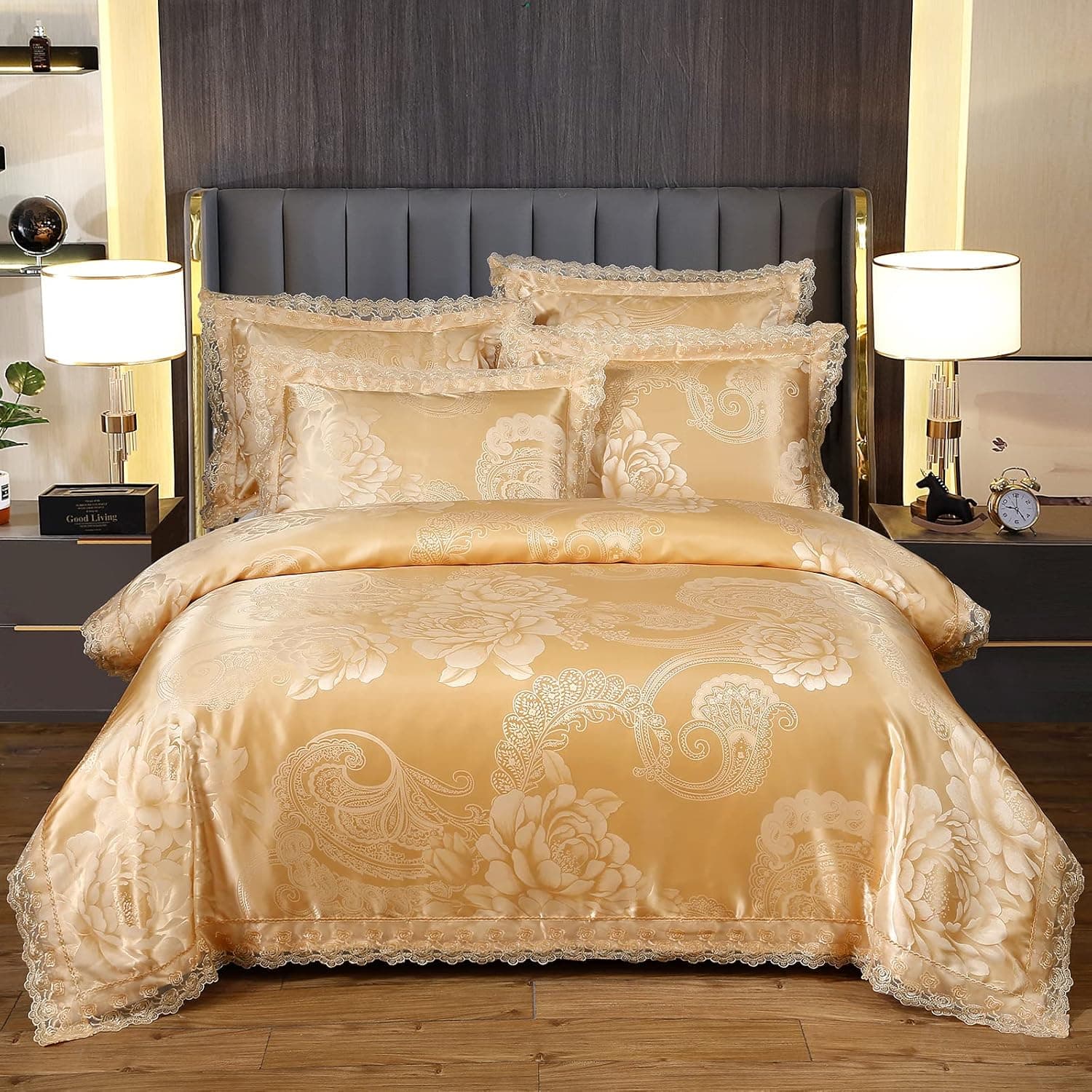 PYCLIFE Lace Jacquard Duvet Cover Satin Bedding King Size Gold Duvet Cover 3-Piece Luxury Jacquard Bedding Set with Satin Duvet Cover Set Pillowcases.(Gold, King)
